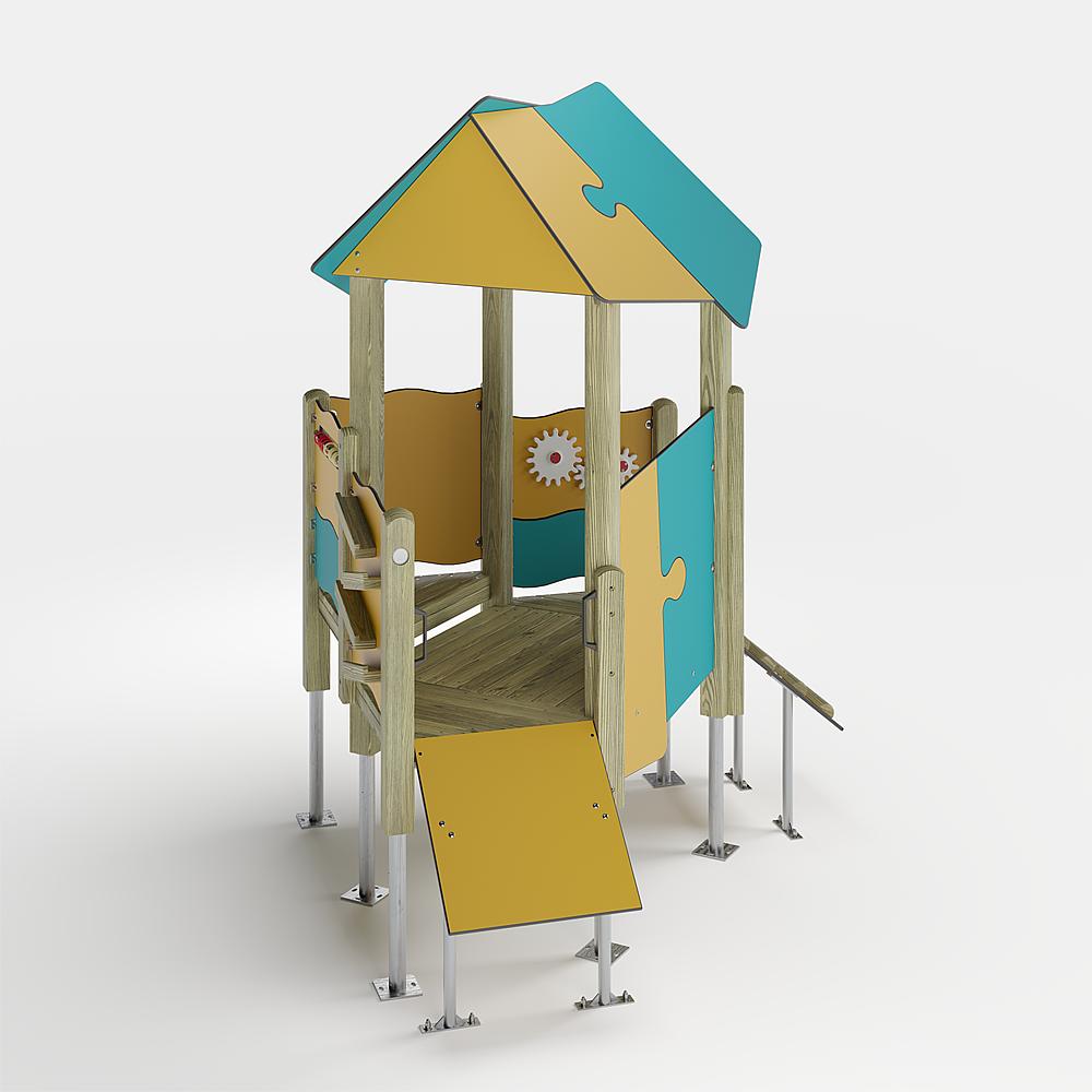 Bunte Kinderspielburg mit Dach und Rutsche auf weißem Hintergrund.