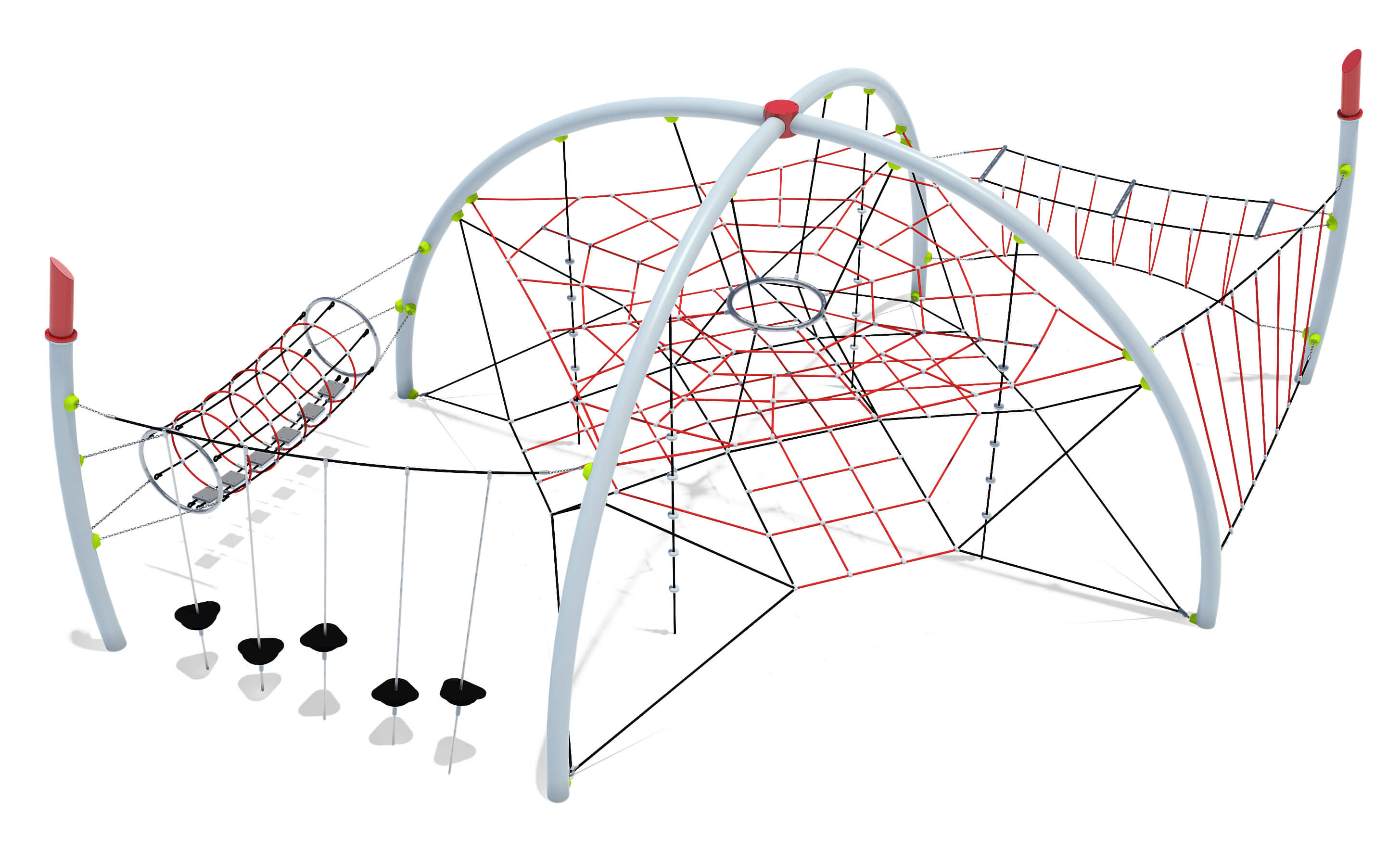 Modern playground with climbing net, tube tunnel und hanging elements – ideal for active kids' playtime.