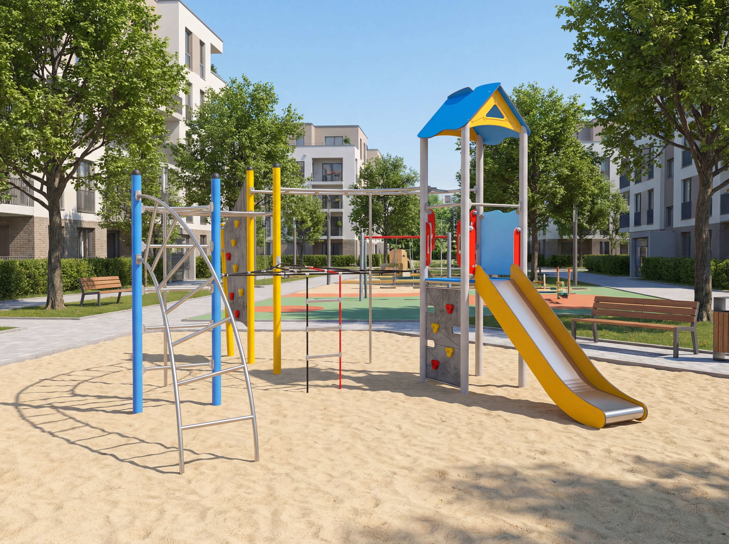 Farbiger Spielplatz mit Rutsche und Klettergerüst im Sand vor Wohnhäusern unter Bäumen.