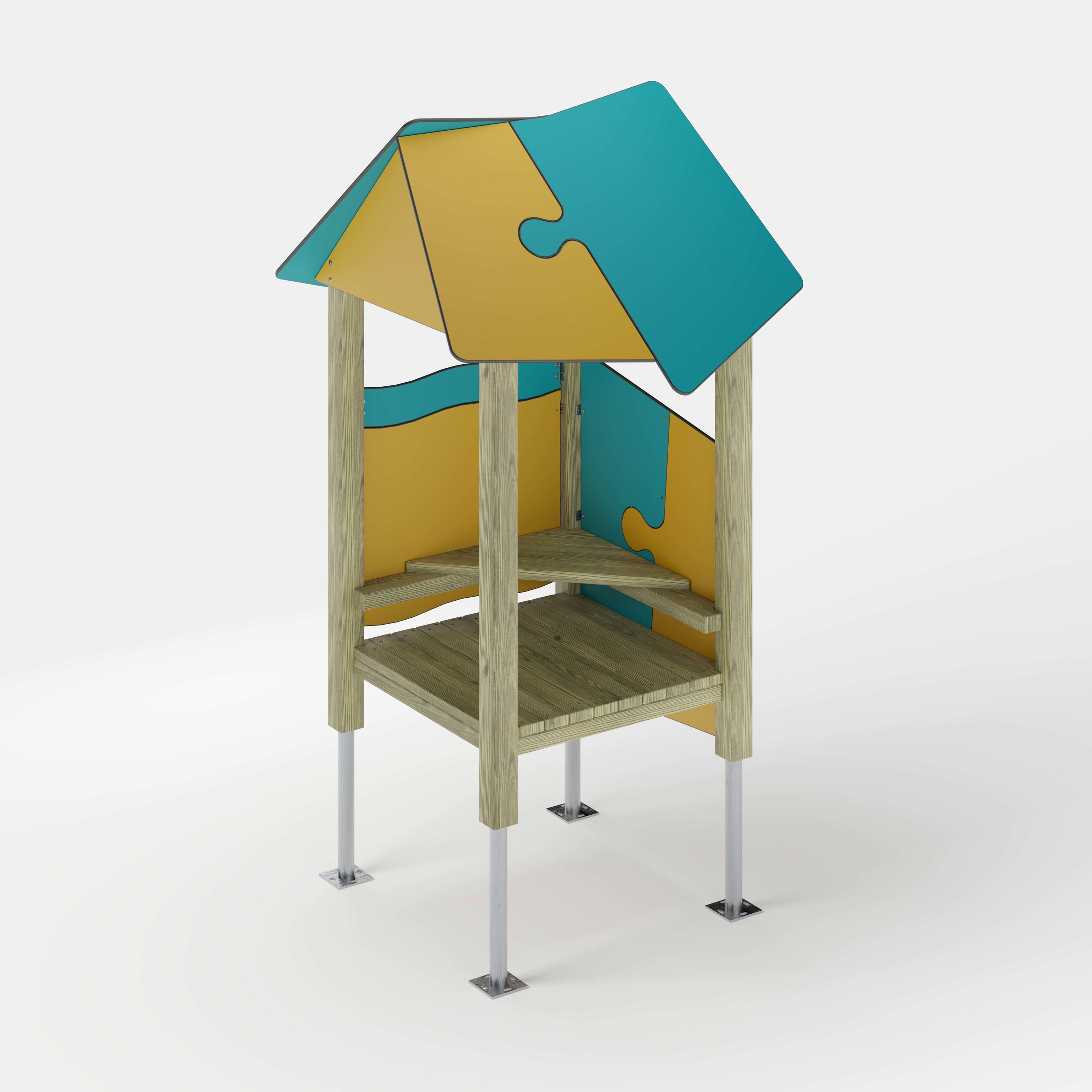 Bunte Puzzle-Hütte für Kinder auf Metallbeinen – Spielhaus mit gelb-blauen Teilen und Dach.