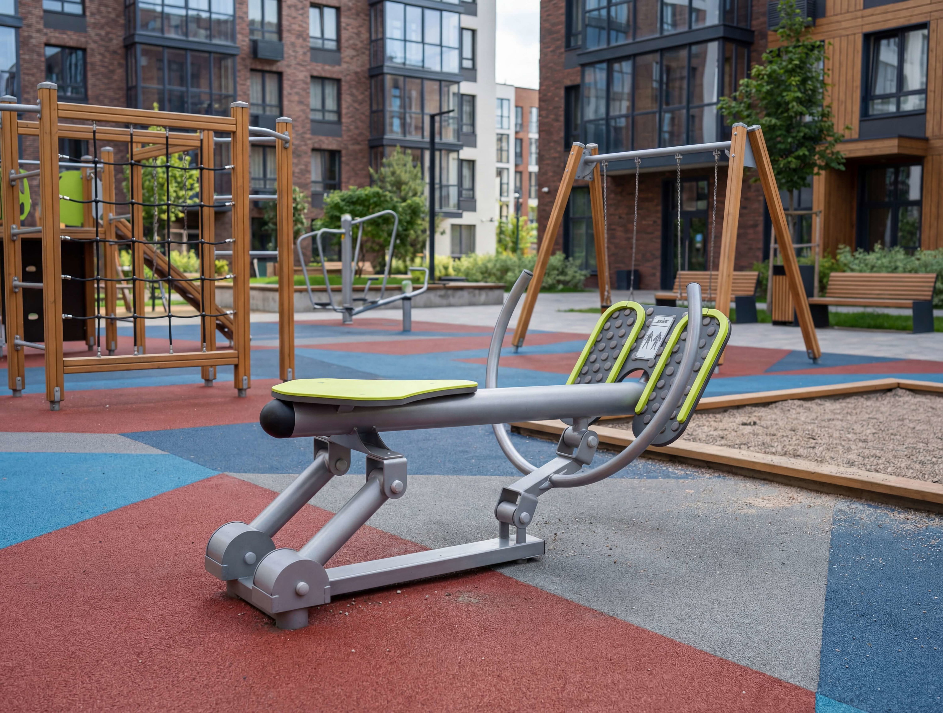 Gymnastikgerät im Spielplatz vor modernen Wohnhäusern mit buntem Bodenbelag.