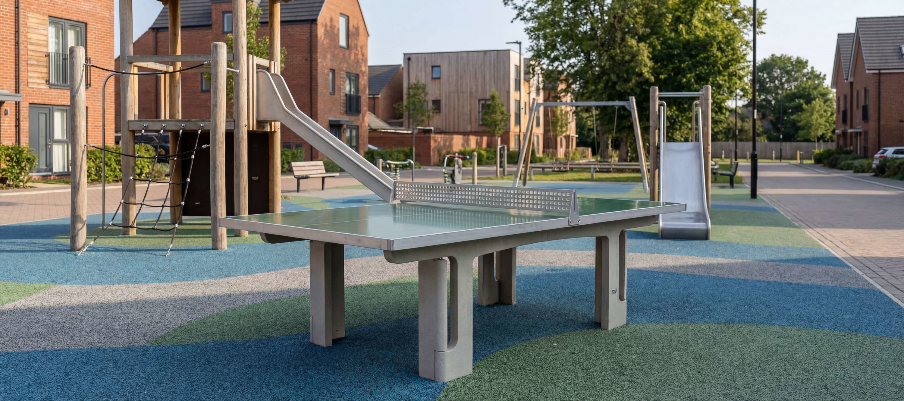 Tischtennisplatte im Spielplatz mit Rutschröhre und Klettergerüst vor Wohnhäusern.

Tischtennistisch auf farbigem Boden im Kinderfreizeitbereich zwischen Häusern.