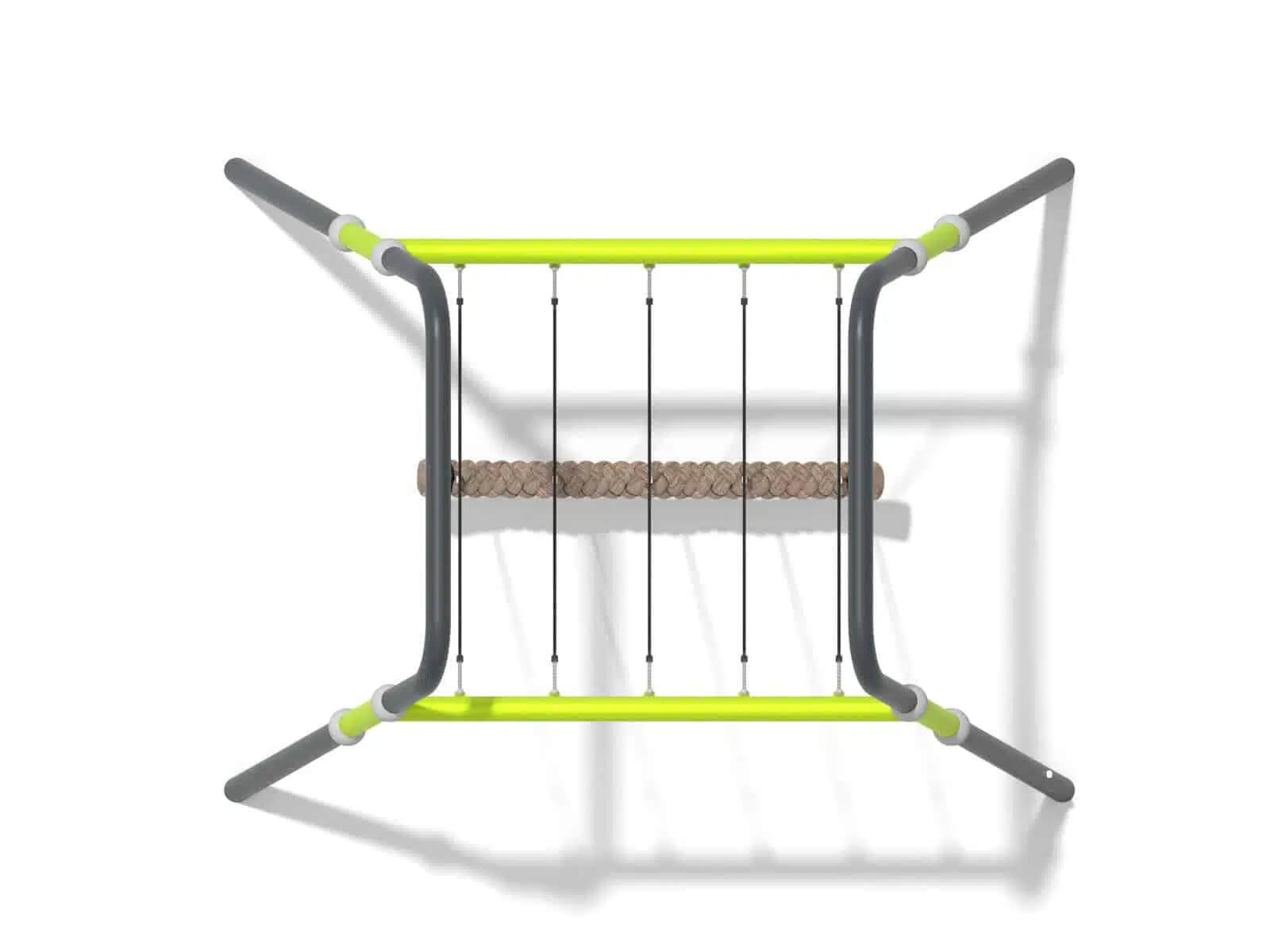 Schwinger für Kleinkinder mit Metallgestell und grünen Verbindungen auf weißem Hintergrund.
