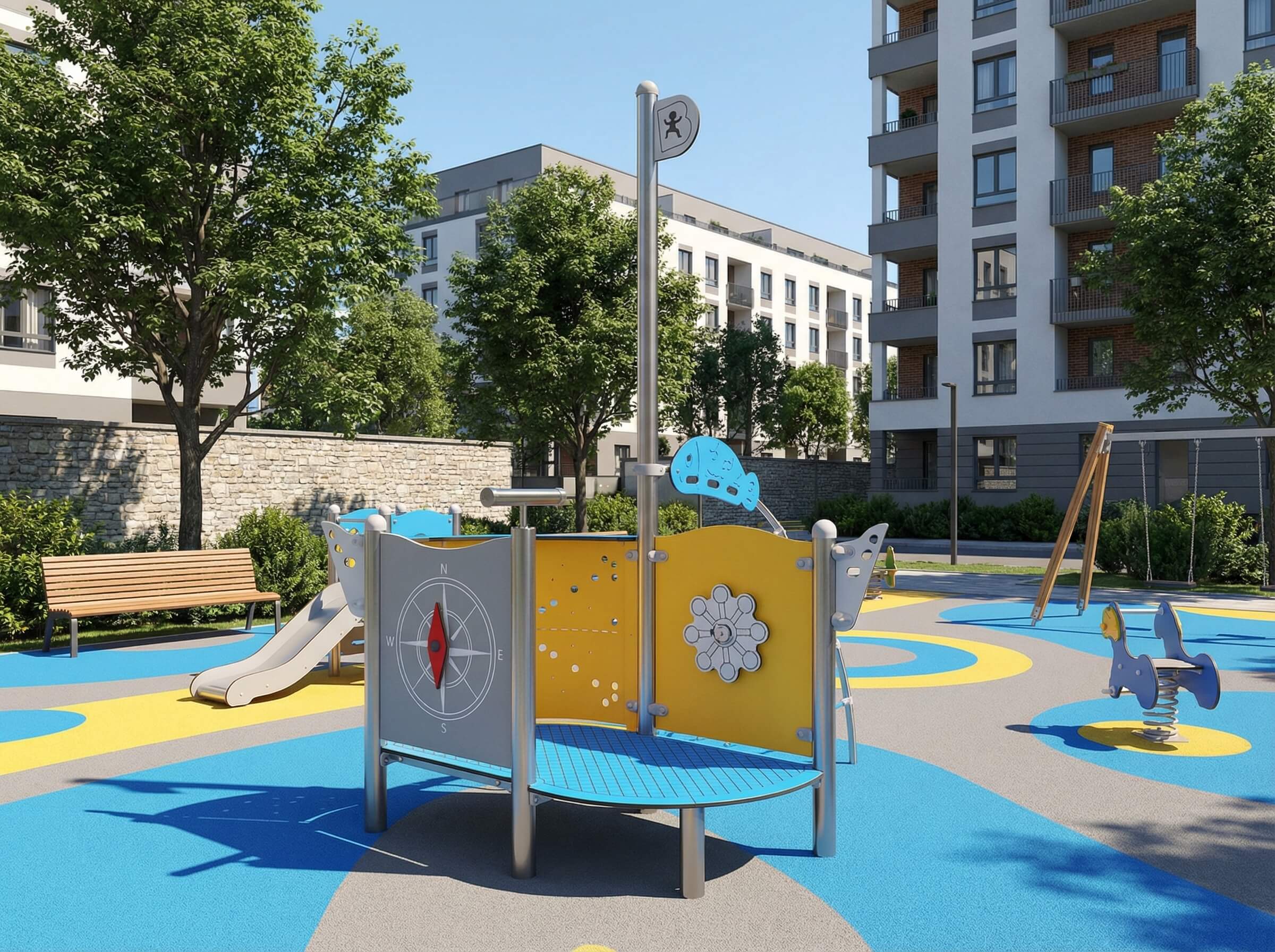 Farbiger Spielplatz mit Rutsche und Schaukel vor modernen Wohnhäusern unter blauem Himmel.