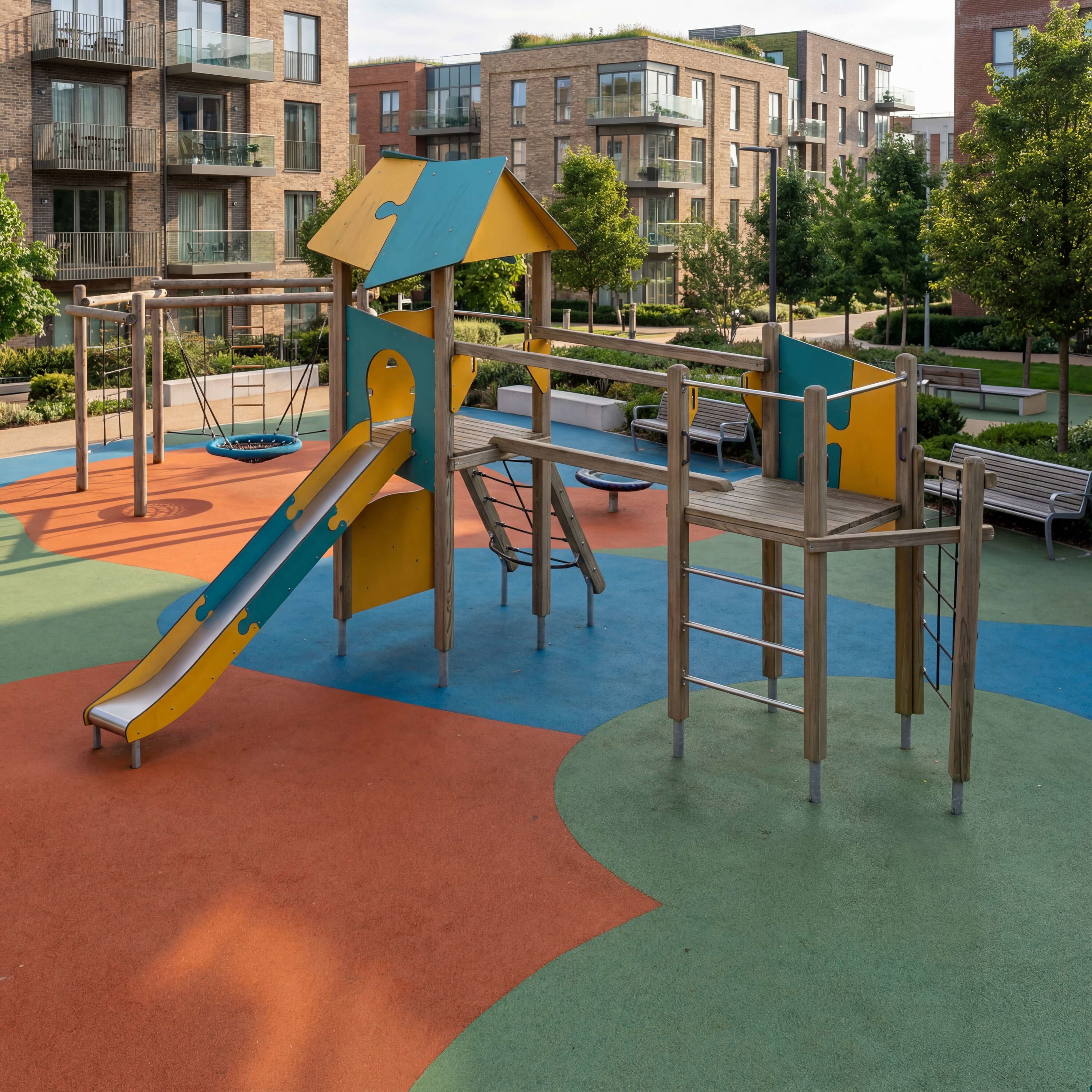 Farbiger Spielplatz mit Rutsche und Klettergerüst vor modernen Wohnhäusern.