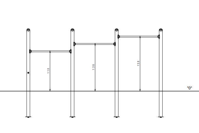 Technische Zeichnung eines Stahlgerüsts mit Höhenangaben und Achsenbezug "0".