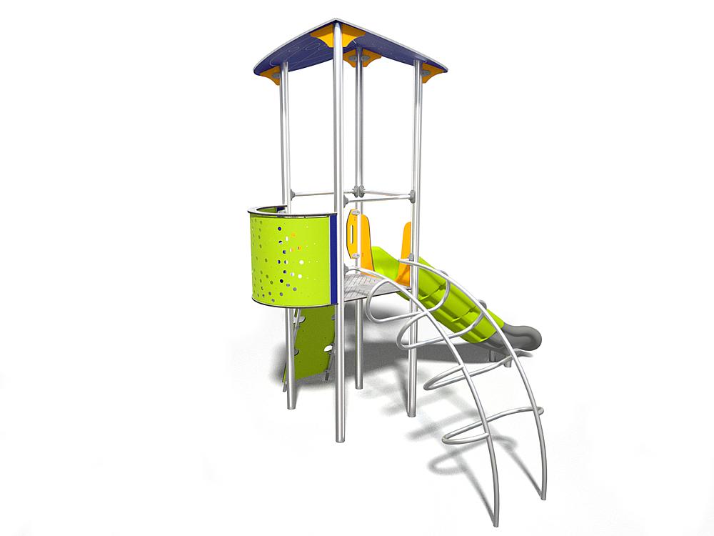 Schwinger für Kleinkinder mit Metallgestell und grünen Verbindungen auf weißem Hintergrund.