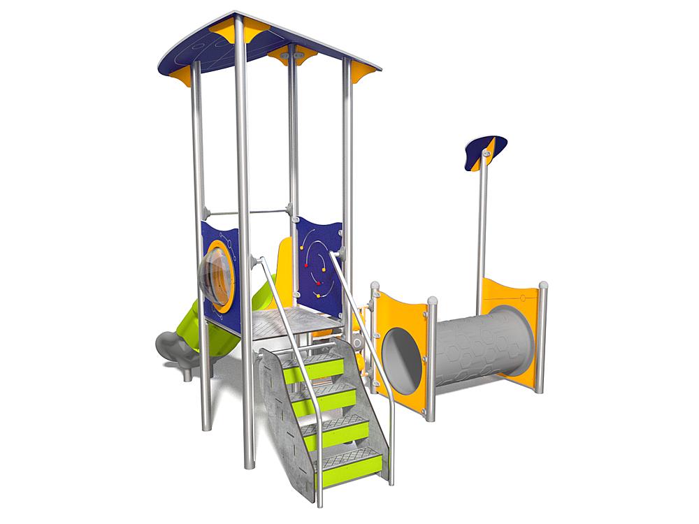Schwinger für Kleinkinder mit Metallgestell und grünen Verbindungen auf weißem Hintergrund.