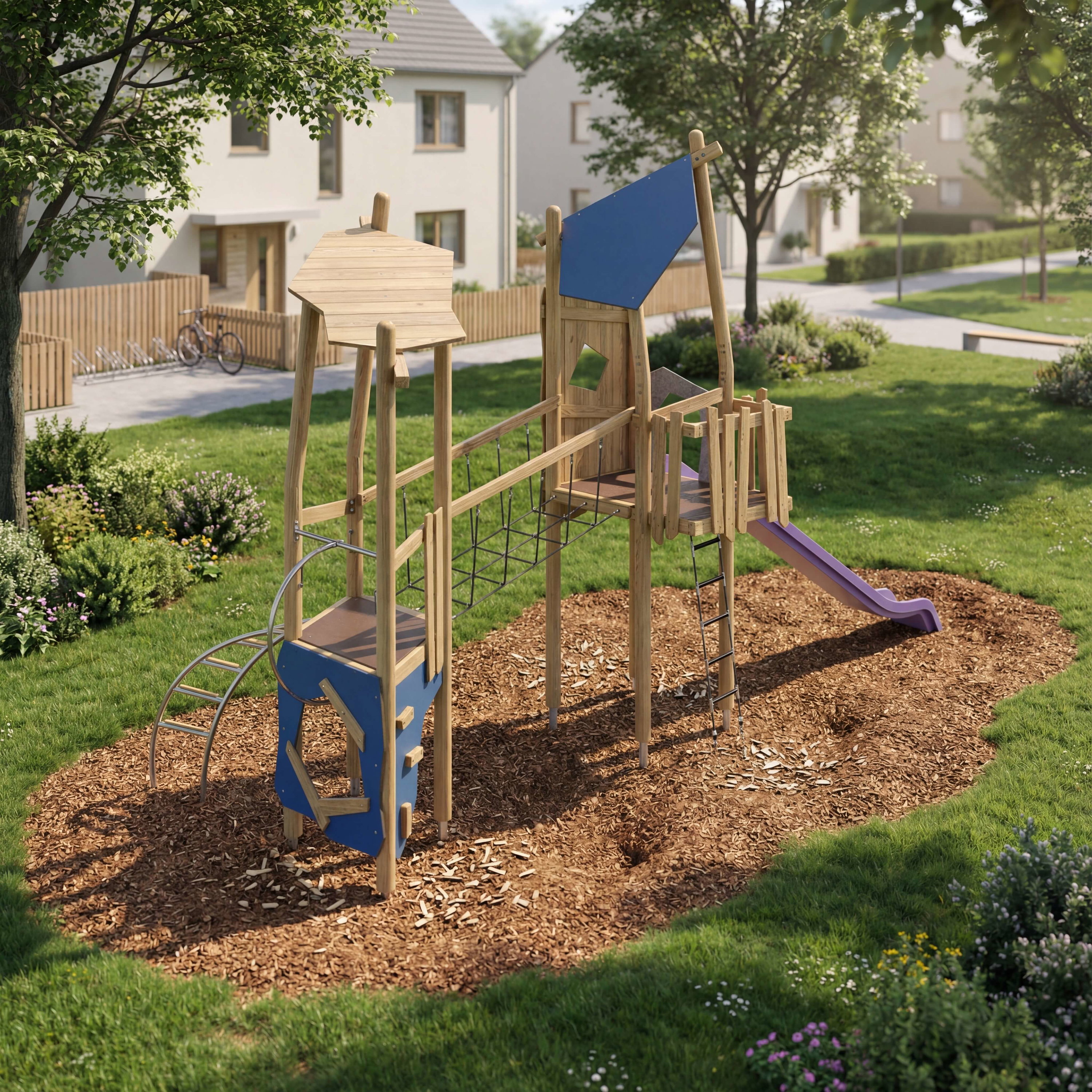 Holzspielplatz mit Rutsche und Klettergerüst im grünen Garten vor Wohnhäusern.