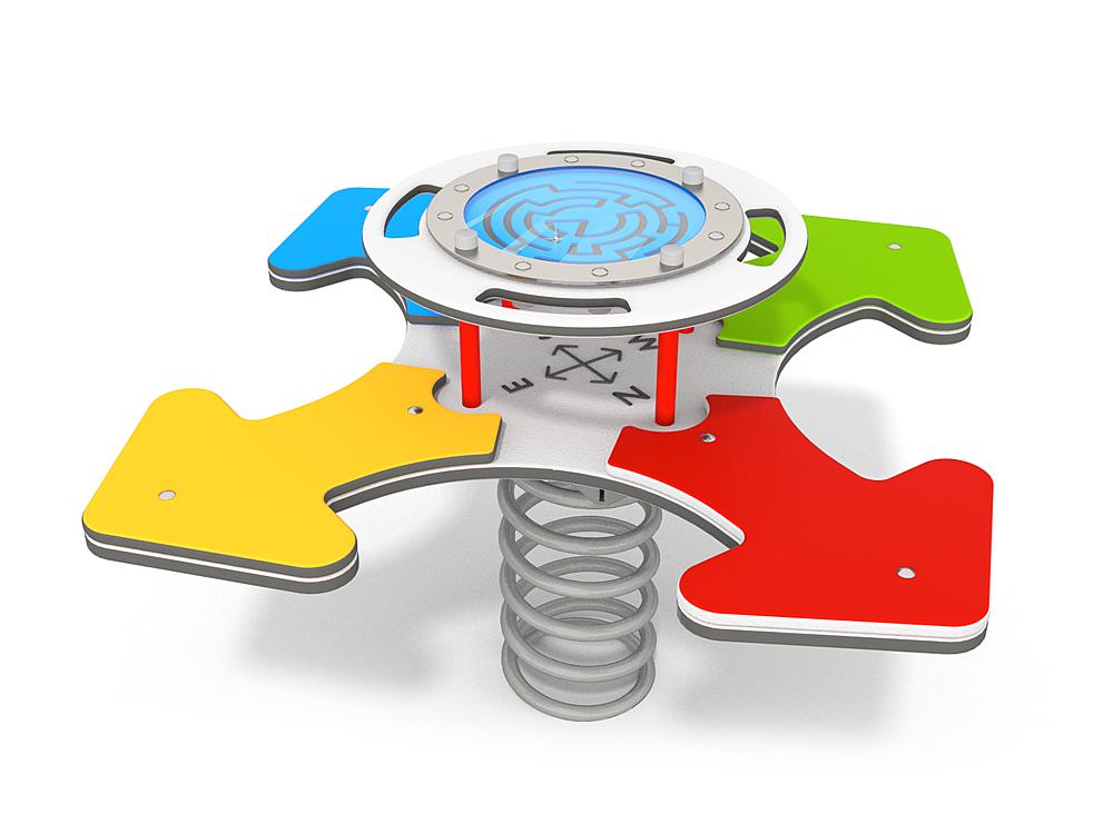 Schwinger für Kleinkinder mit Metallgestell und grünen Verbindungen auf weißem Hintergrund.