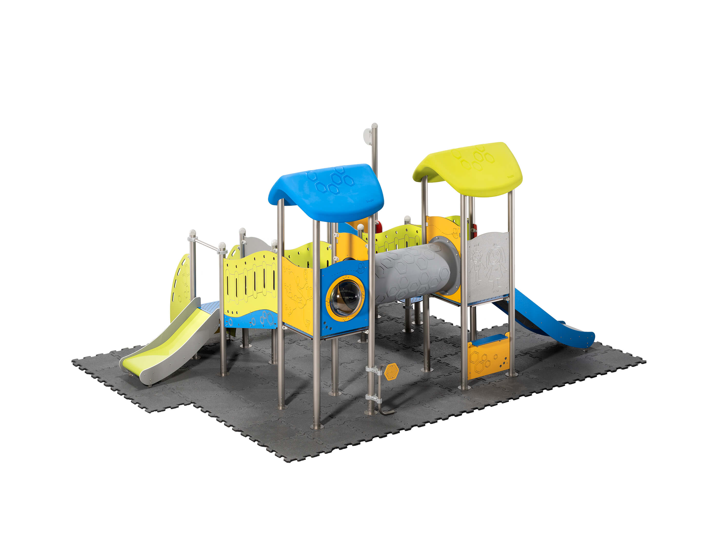 Schwinger für Kleinkinder mit Metallgestell und grünen Verbindungen auf weißem Hintergrund.