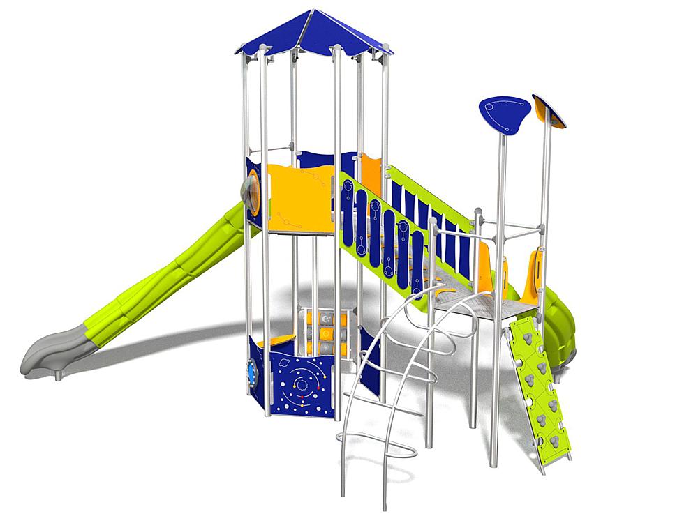 Schwinger für Kleinkinder mit Metallgestell und grünen Verbindungen auf weißem Hintergrund.