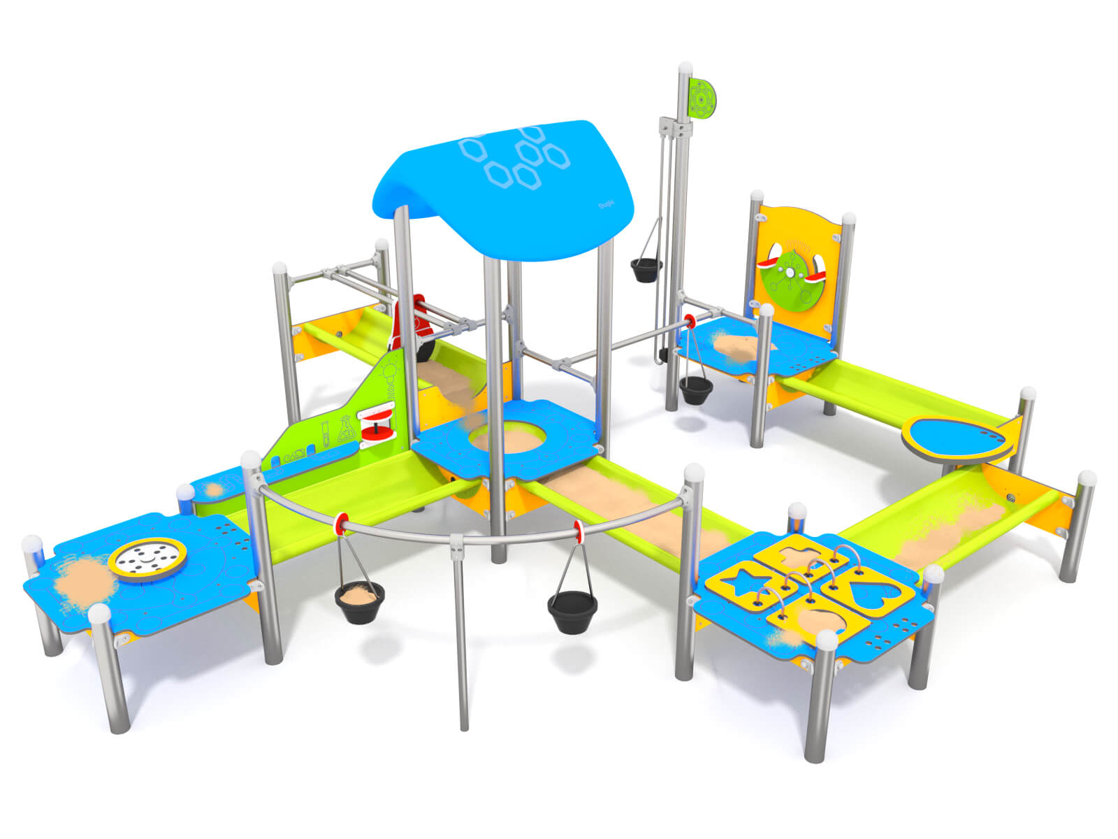 Schwinger für Kleinkinder mit Metallgestell und grünen Verbindungen auf weißem Hintergrund.