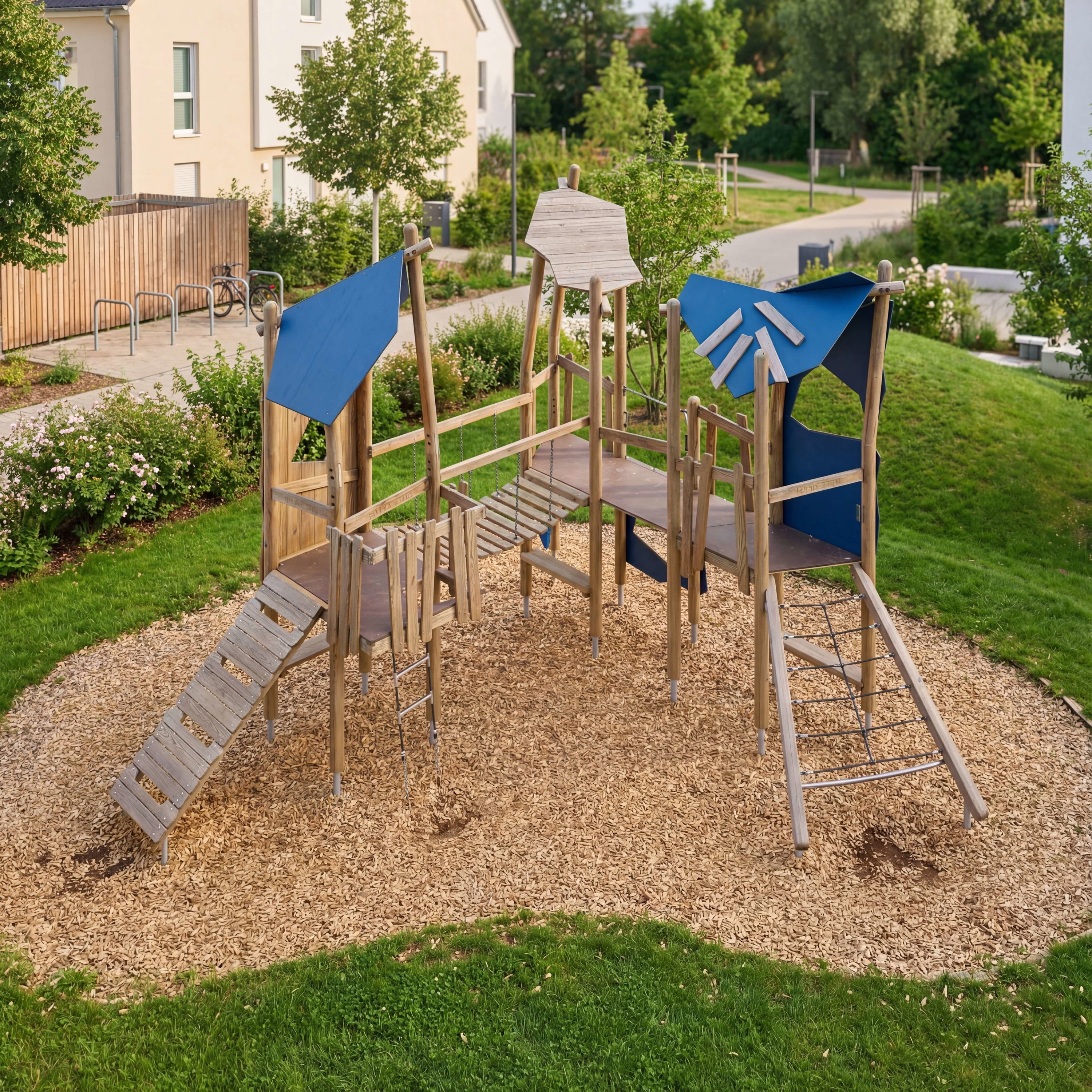 Holzspielplatz mit blauen Dächern und Klettergerüsten auf Mulchfläche im Grünen.