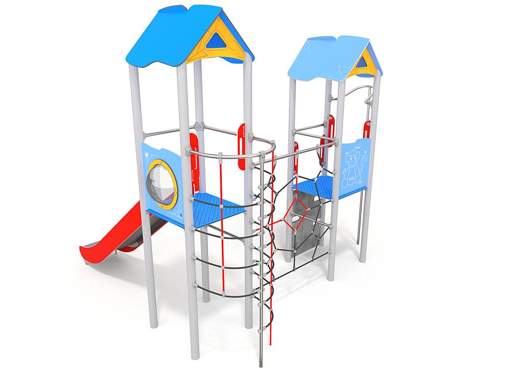 Schwinger für Kleinkinder mit Metallgestell und grünen Verbindungen auf weißem Hintergrund.