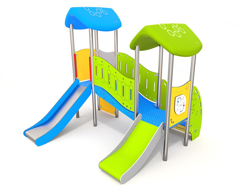 Schwinger für Kleinkinder mit Metallgestell und grünen Verbindungen auf weißem Hintergrund.