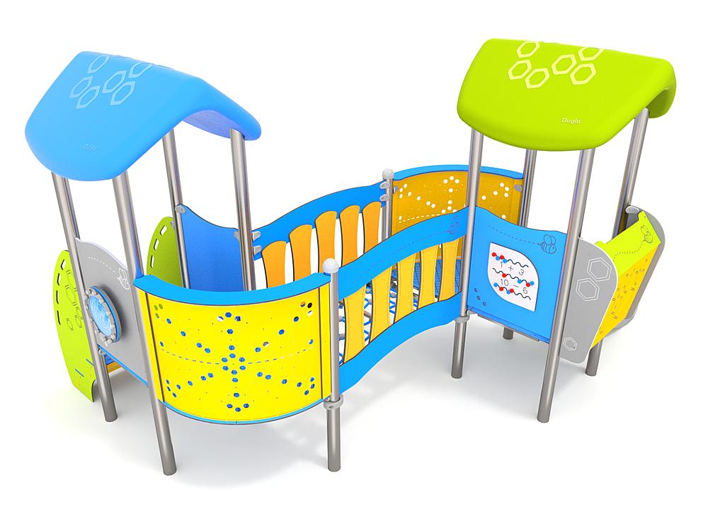 Schwinger für Kleinkinder mit Metallgestell und grünen Verbindungen auf weißem Hintergrund.