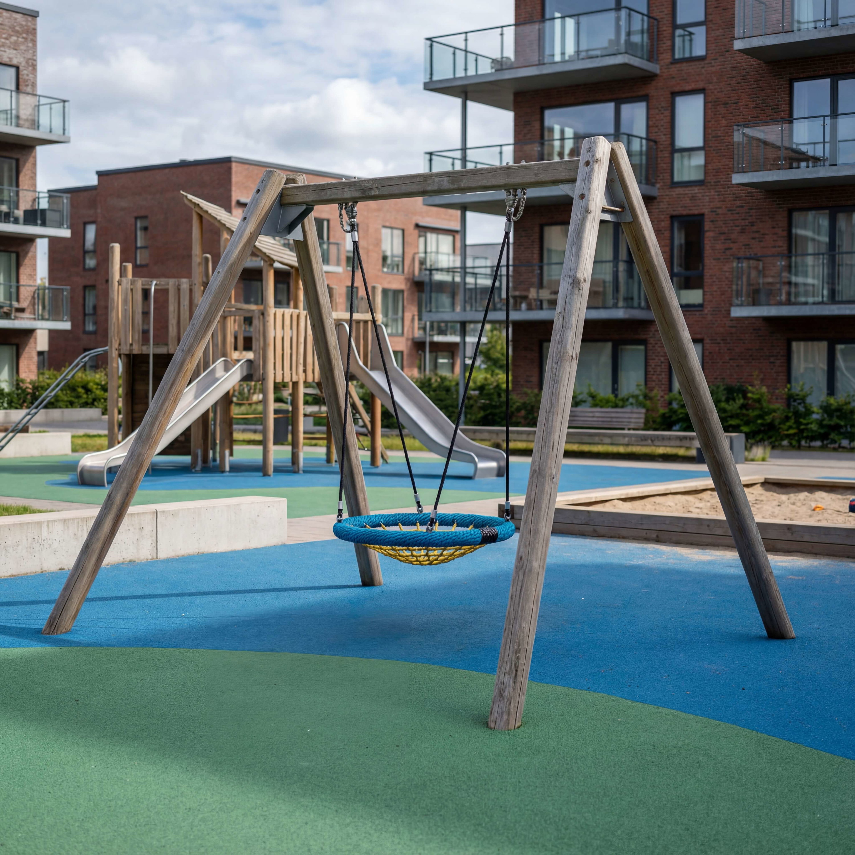 Blauer und grüner Spielplatz mit Schaukel vor modernen Wohnhäusern im Hintergrund.