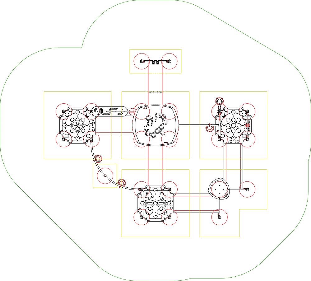Technisches Schaltplan-Diagramm mit verbundenen Komponenten und Konturen innerhalb einer Wolke.