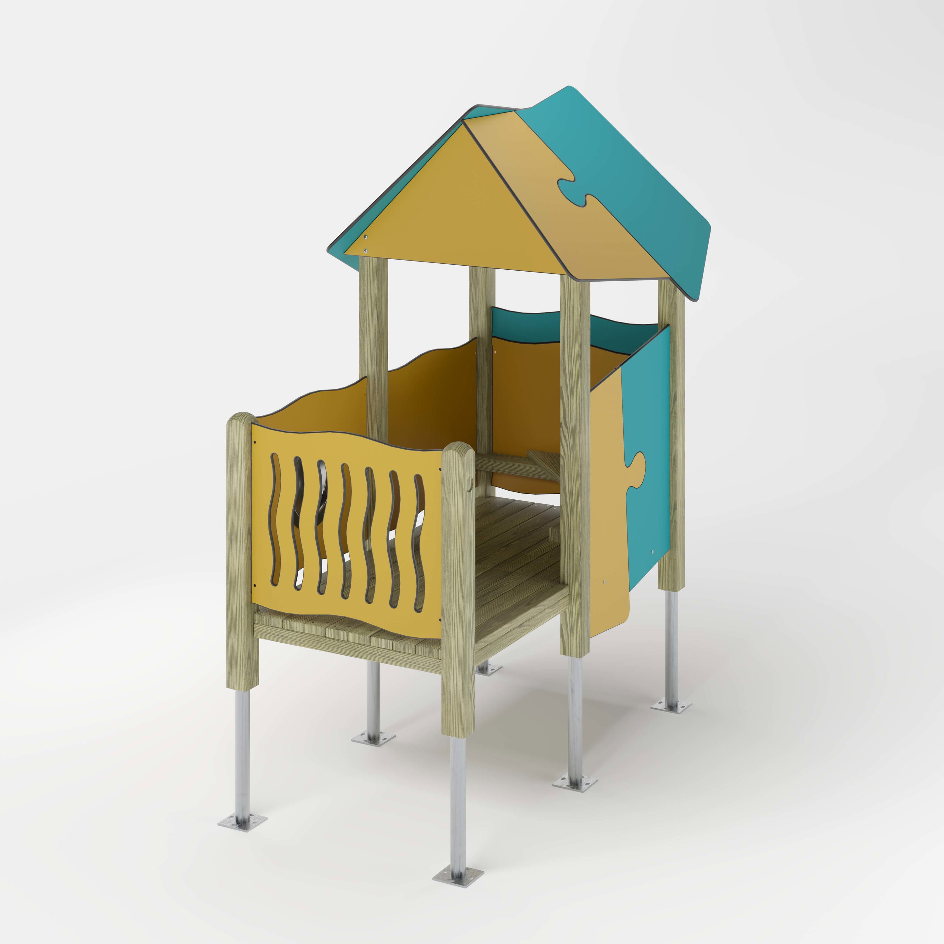Bunte Puzzle-Hütte für Kinder auf Metallbeinen – Spielhaus mit gelb-blauen Teilen und Dach.