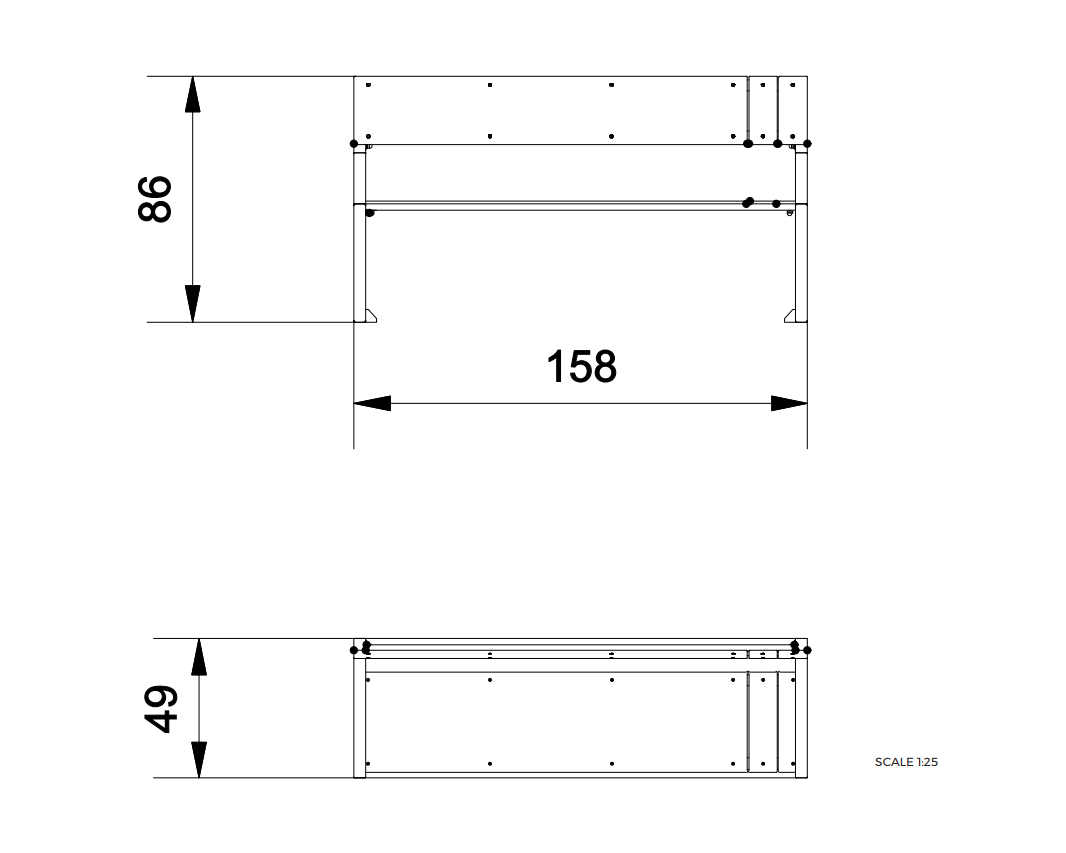 Technische Zeichnung eines Möbelstücks mit Maßen: 158x86 cm und 49 cm Höhe.