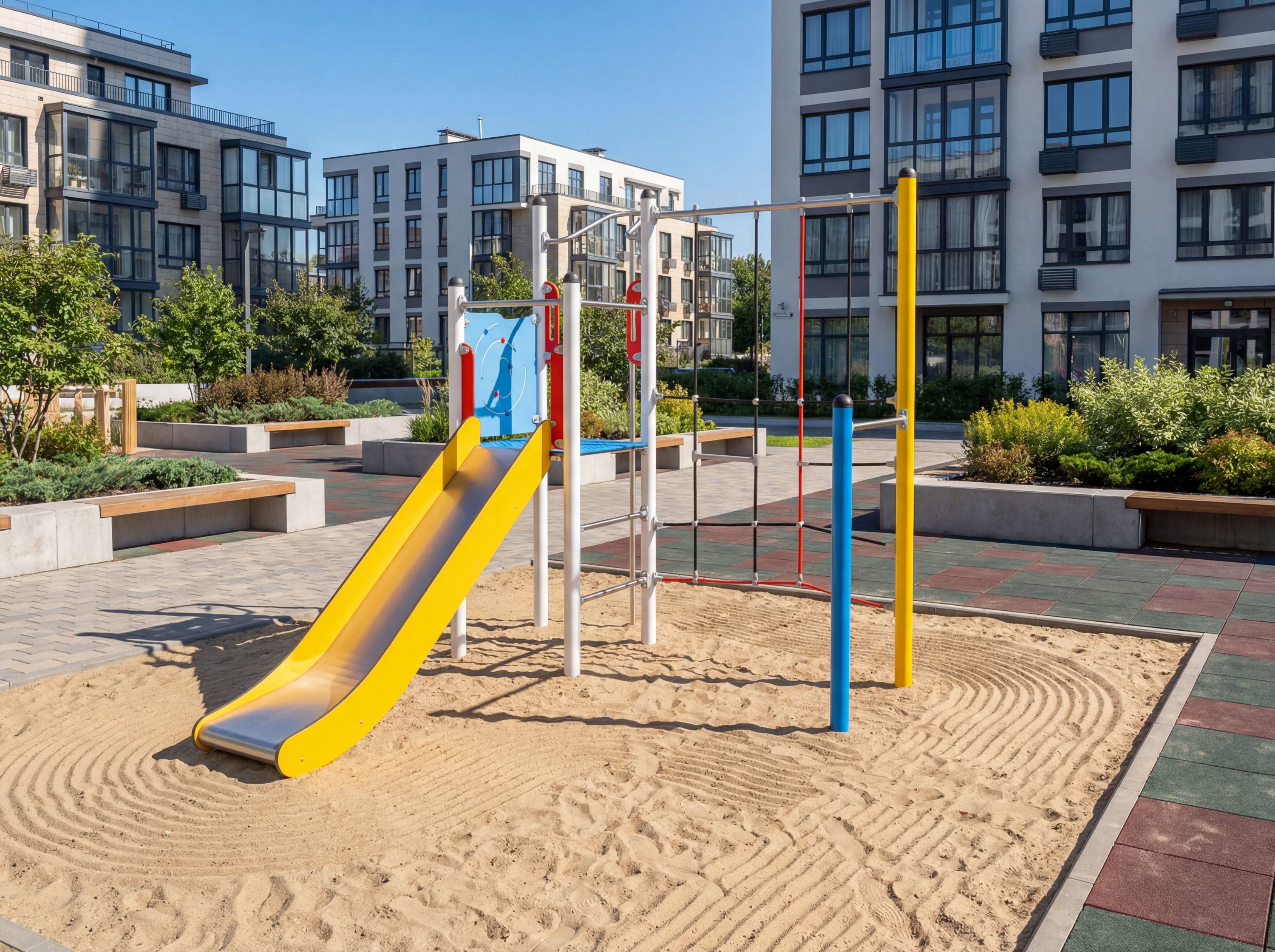 Spielplatz mit Rutsche und Sandkasten vor modernen Wohnhäusern im sonnigen Stadtviertel.