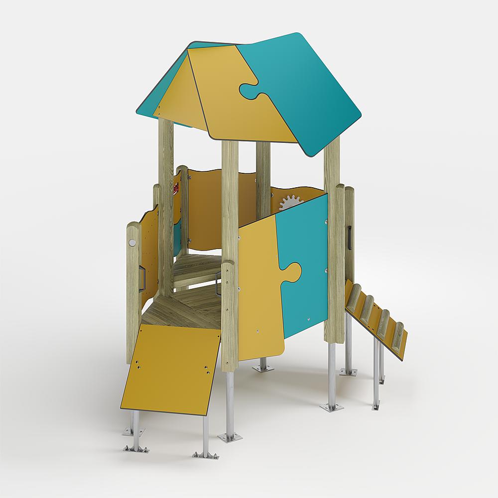 Bunte Kinderspielburg mit Dach und Rutsche auf weißem Hintergrund.