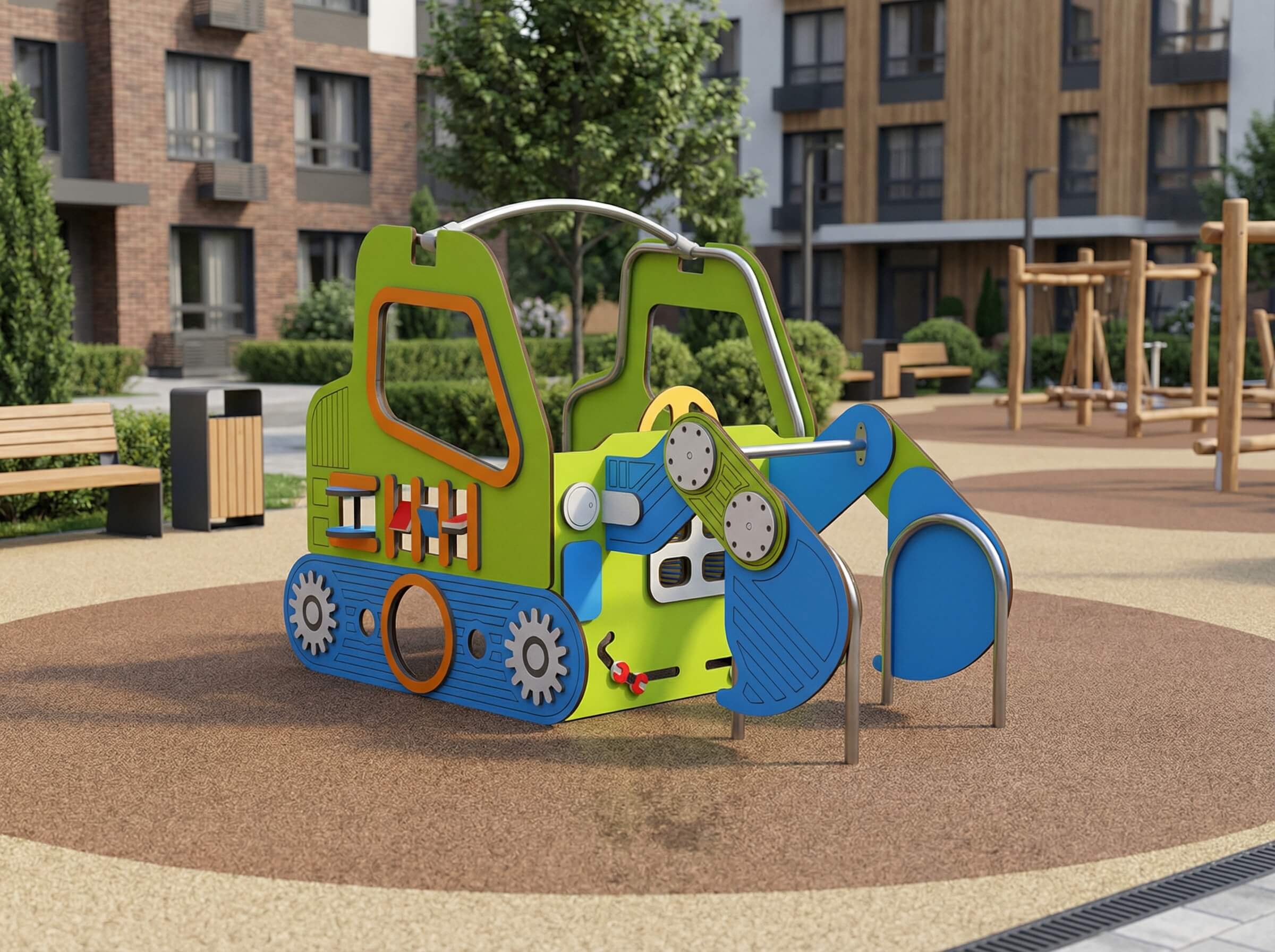 Bunte Baumaschine-Spielanlage im modernen Spielplatz vor Wohnhäusern mit Sandfläche und Holzgeräten.