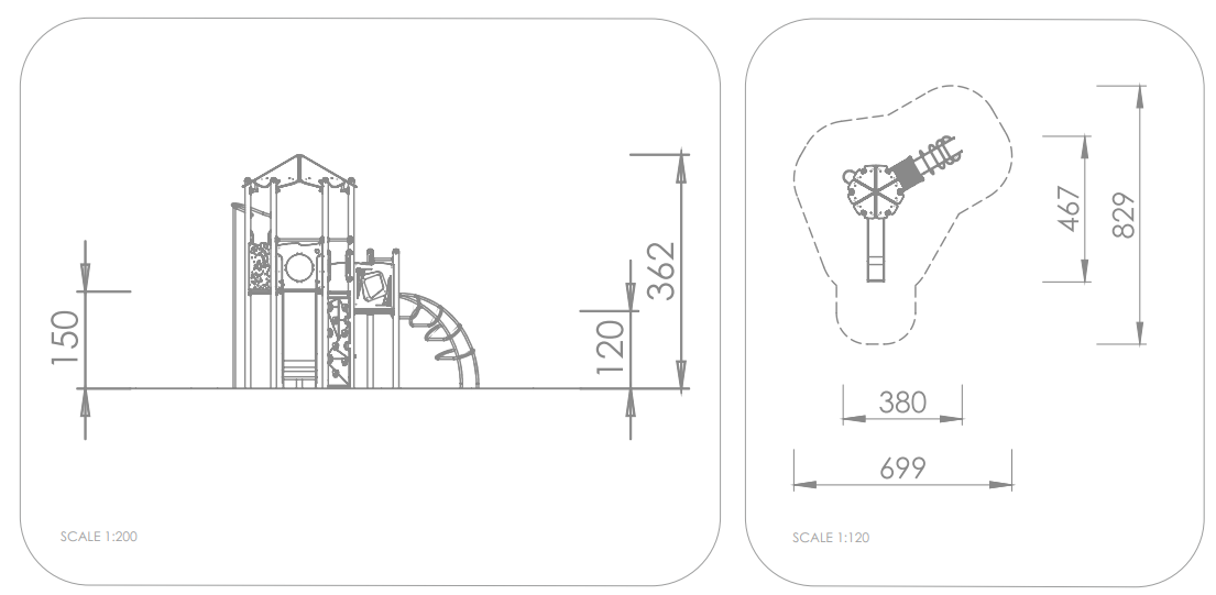 Technische Zeichnung eines Spielplatzes mit Seiten- und Grundrissansicht sowie Maßen.