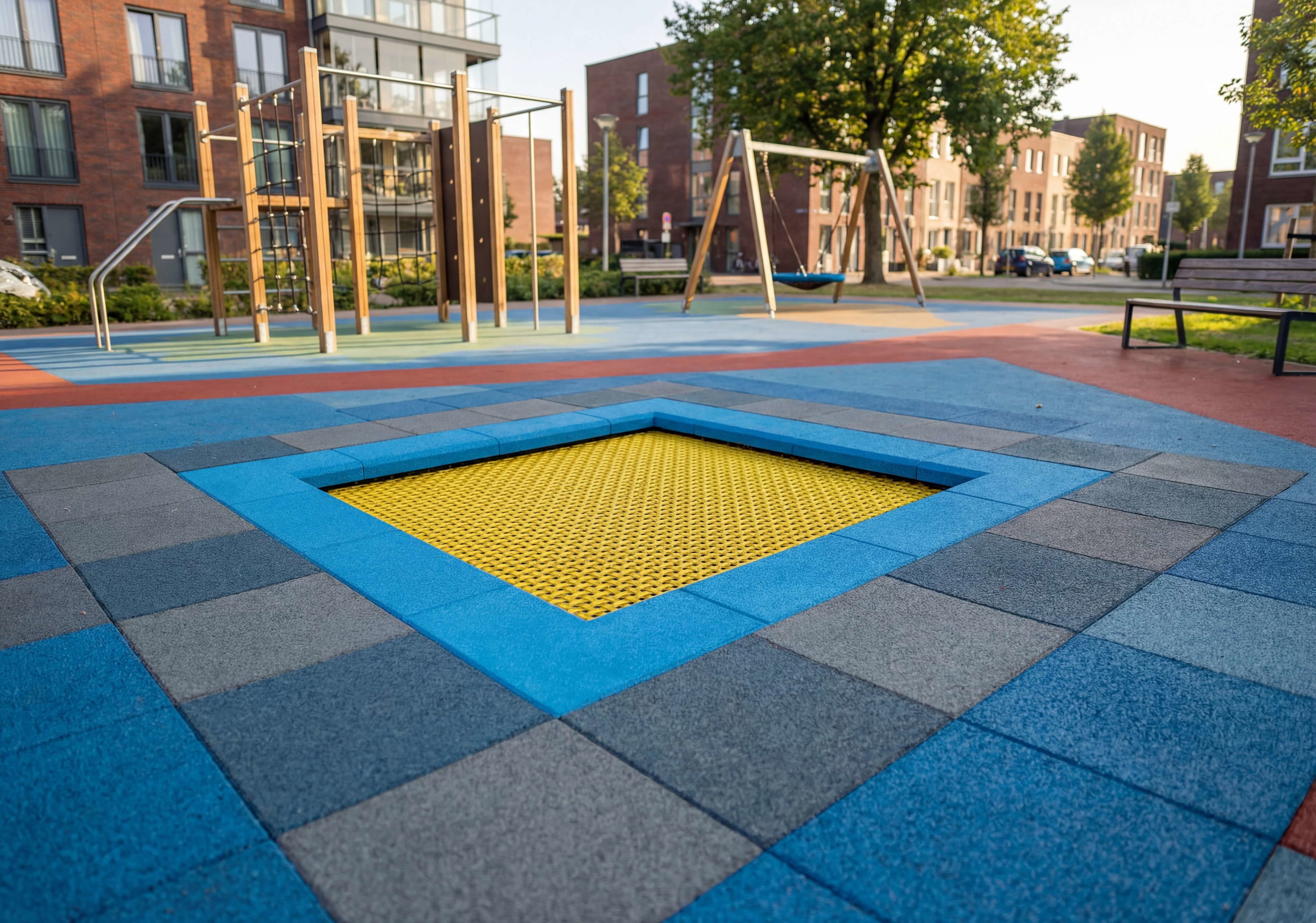 Bunte Spielplatzfläche mit gelbem Springelement und Hintergrund aus Wohnhäusern und Schaukeln.