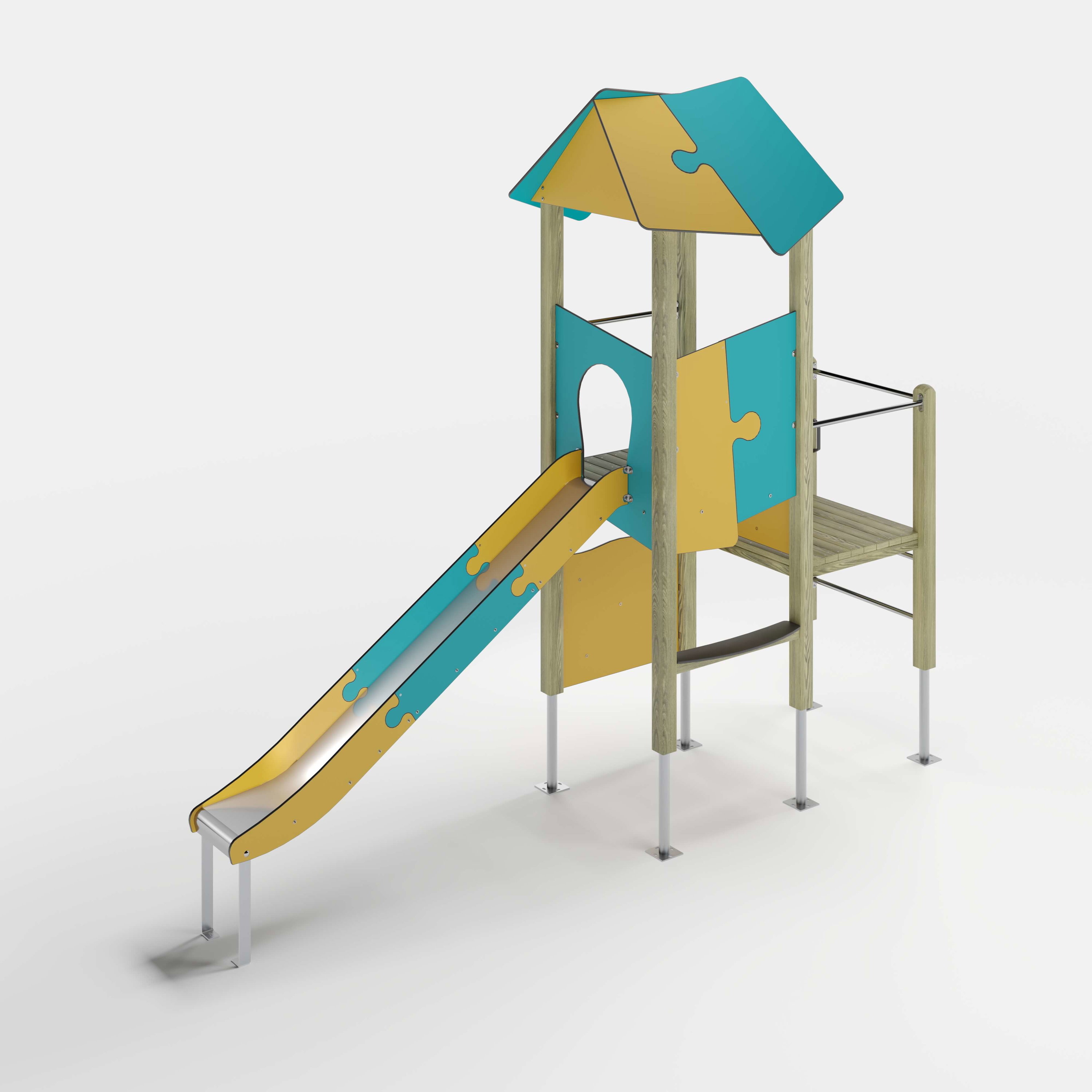 Bunte Kinderspielburg mit Dach und Rutsche auf weißem Hintergrund.