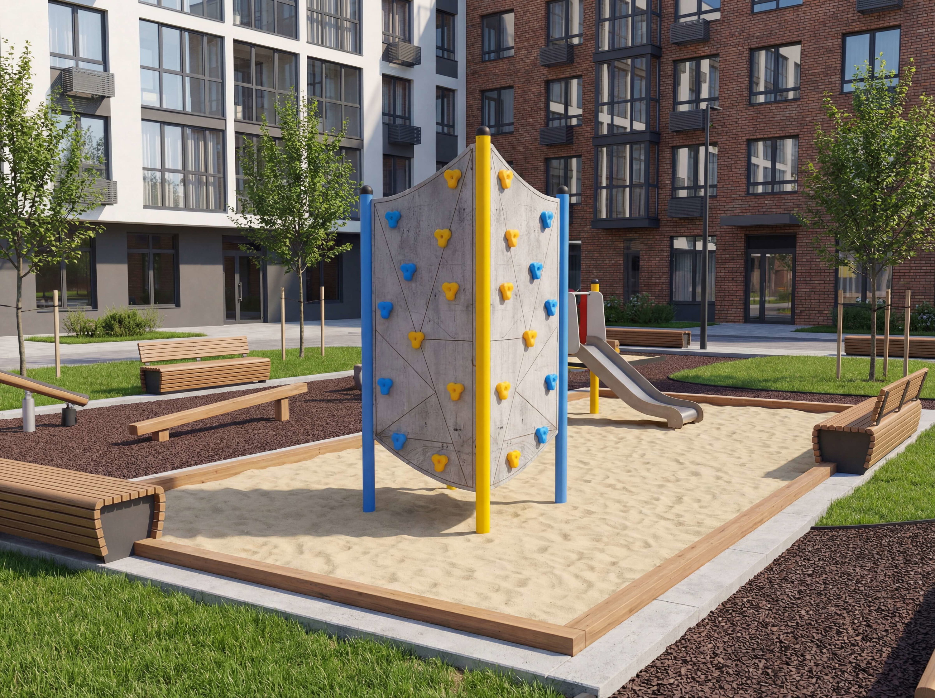 Spielplatz mit Kletterwand und Rutsche im Sandkasten vor modernem Wohnhauskomplex.