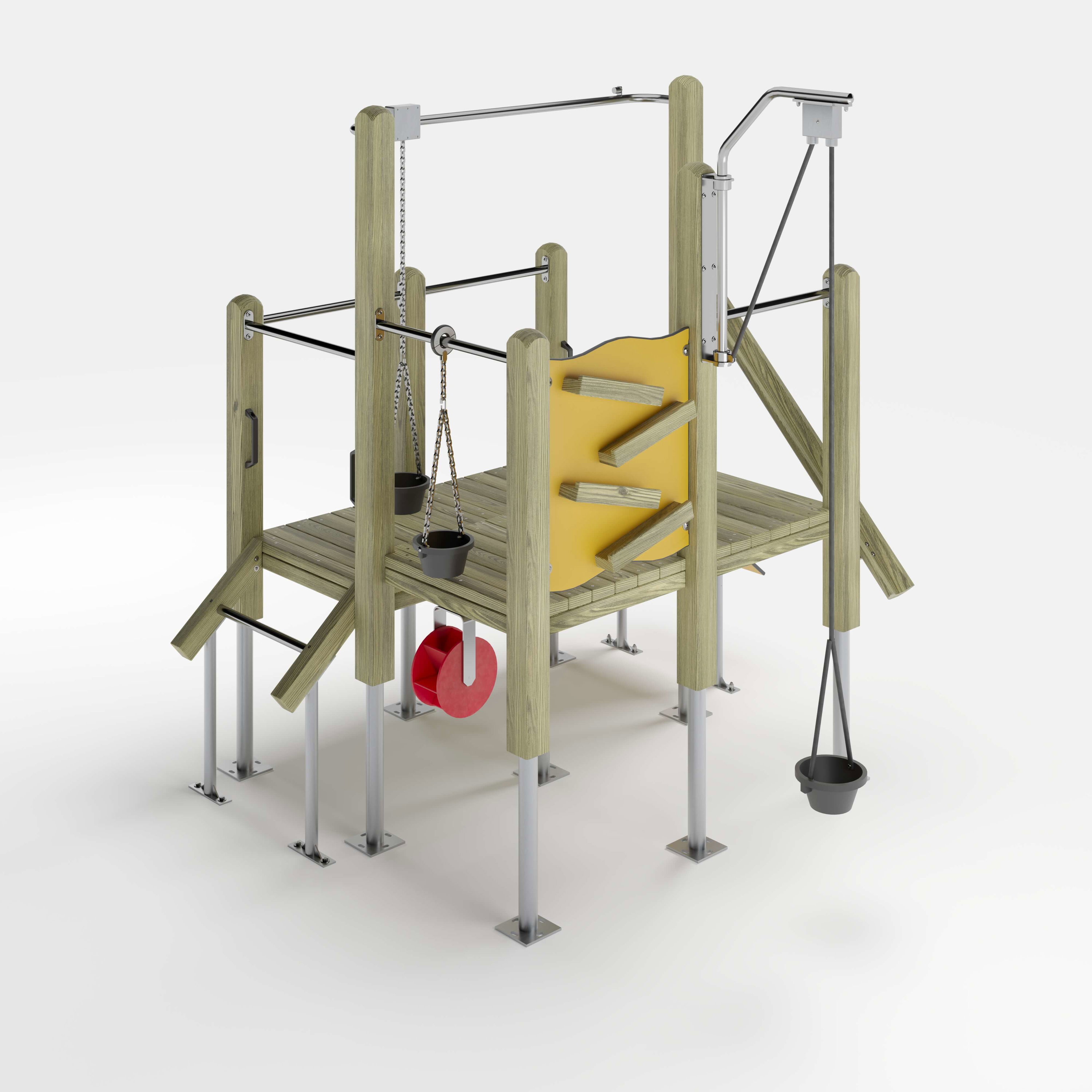 Bunte Kinderspielburg mit Dach und Rutsche auf weißem Hintergrund.
