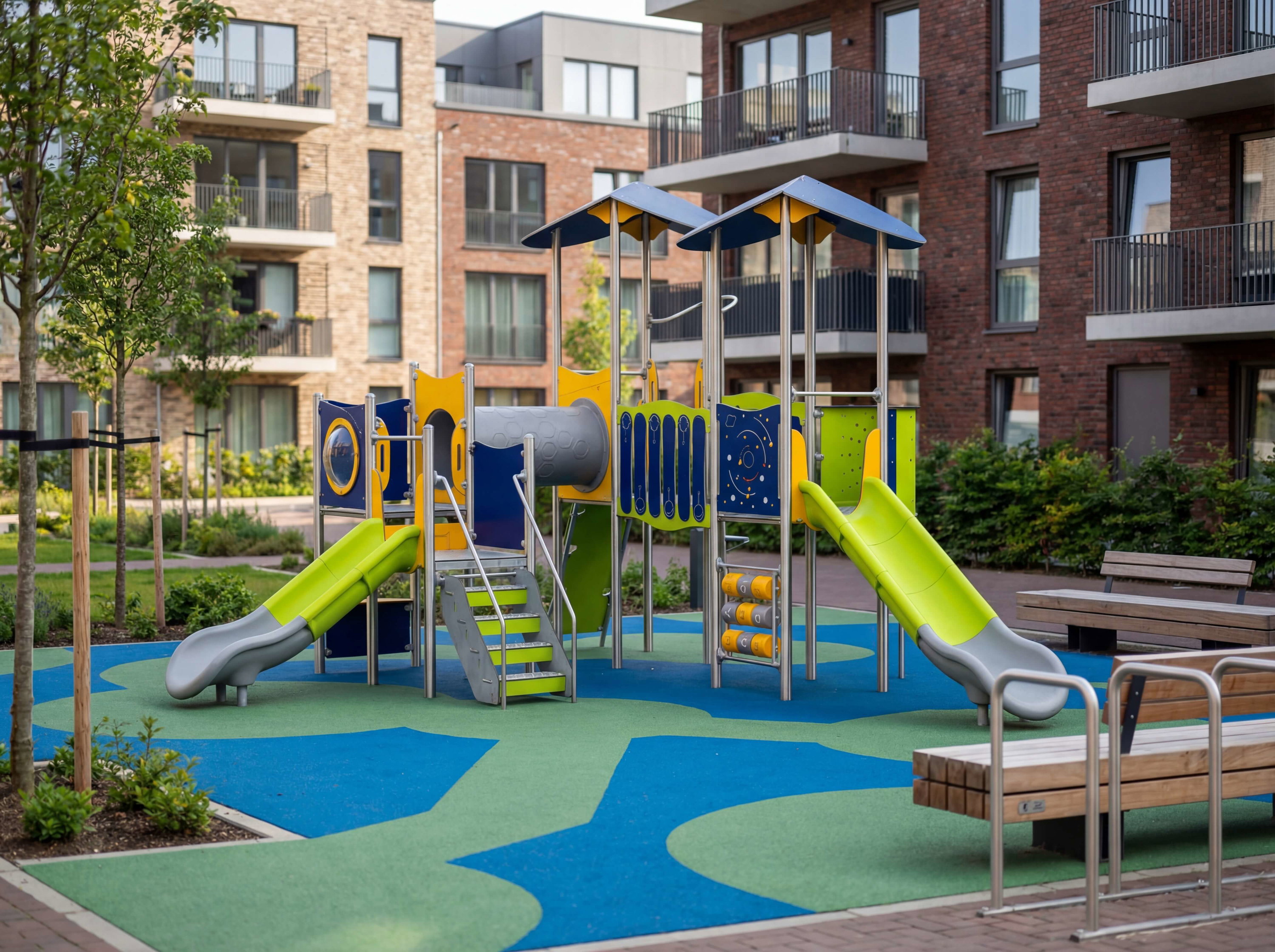 Farbechter Spielplatz mit Rutschen und Klettergerüst vor Wohnhäusern im Stadtteil.

Färbiger Kinder-Spielbereich zwischen modernen Häuserblocks – ideal für Familienausflüge.
(89 Zeichen)