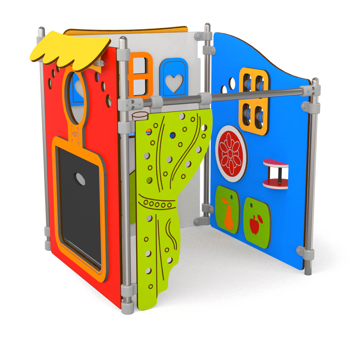 Bunte Kinderspielstation mit Baum- und Häuschenmotiven für kreative Outdoor-Spiele im Garten oder Park.