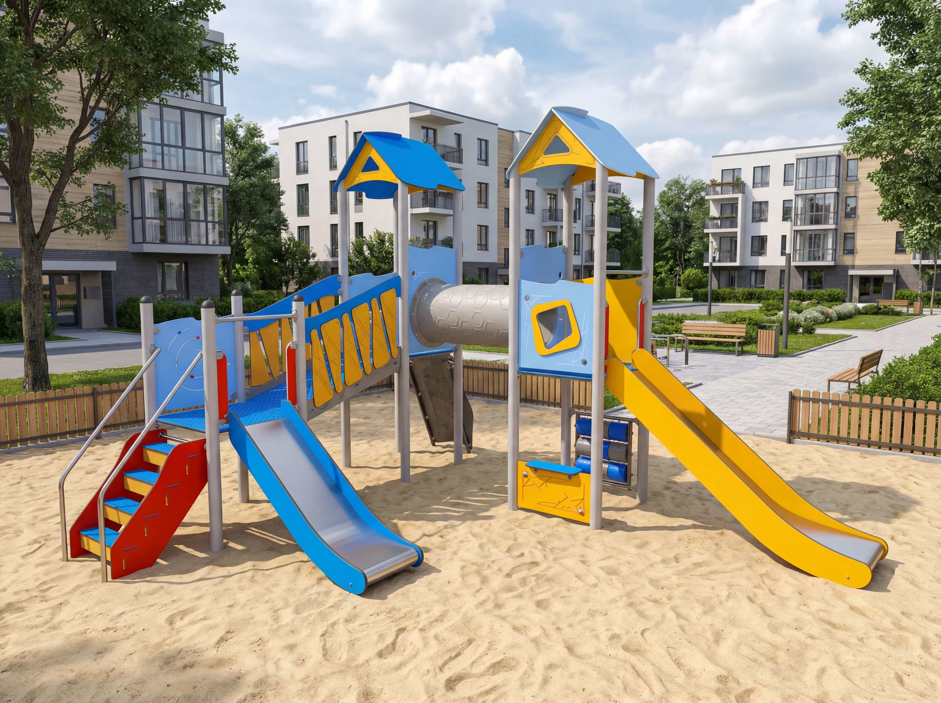 Bunte Spielplatzanlage mit Rutschen und Klettergerüst im Sand vor modernen Wohnhäusern.