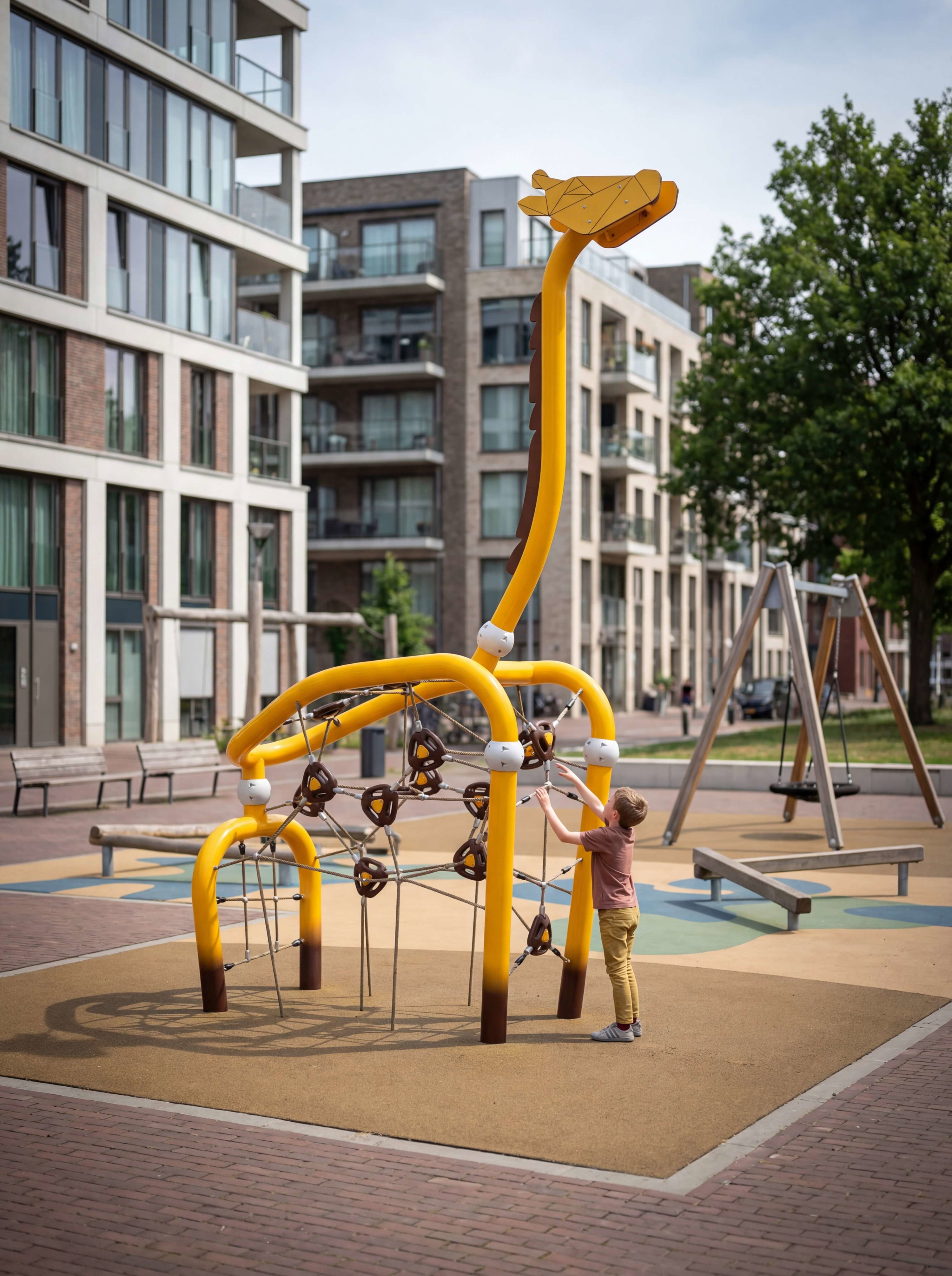 Ein Kind klettert auf einer gelben Giraffen-Spielanlage im städtischen Spielplatz vor Wohnhäusern.