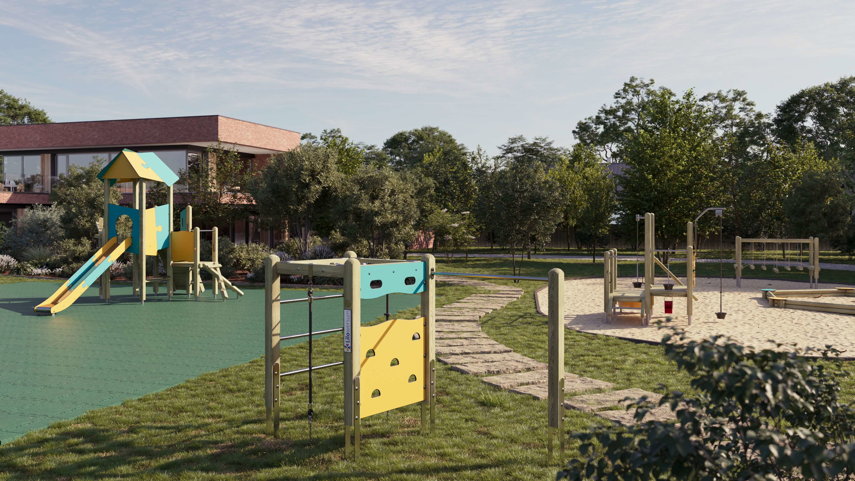 Bunte Spielplatzanlage im Grünen mit Rutsche und Klettergerüst vor modernem Gebäude.