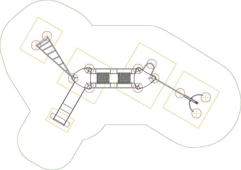 Spielplatzplan mit Klettergerüst und Rutschen im grünen Bereich.