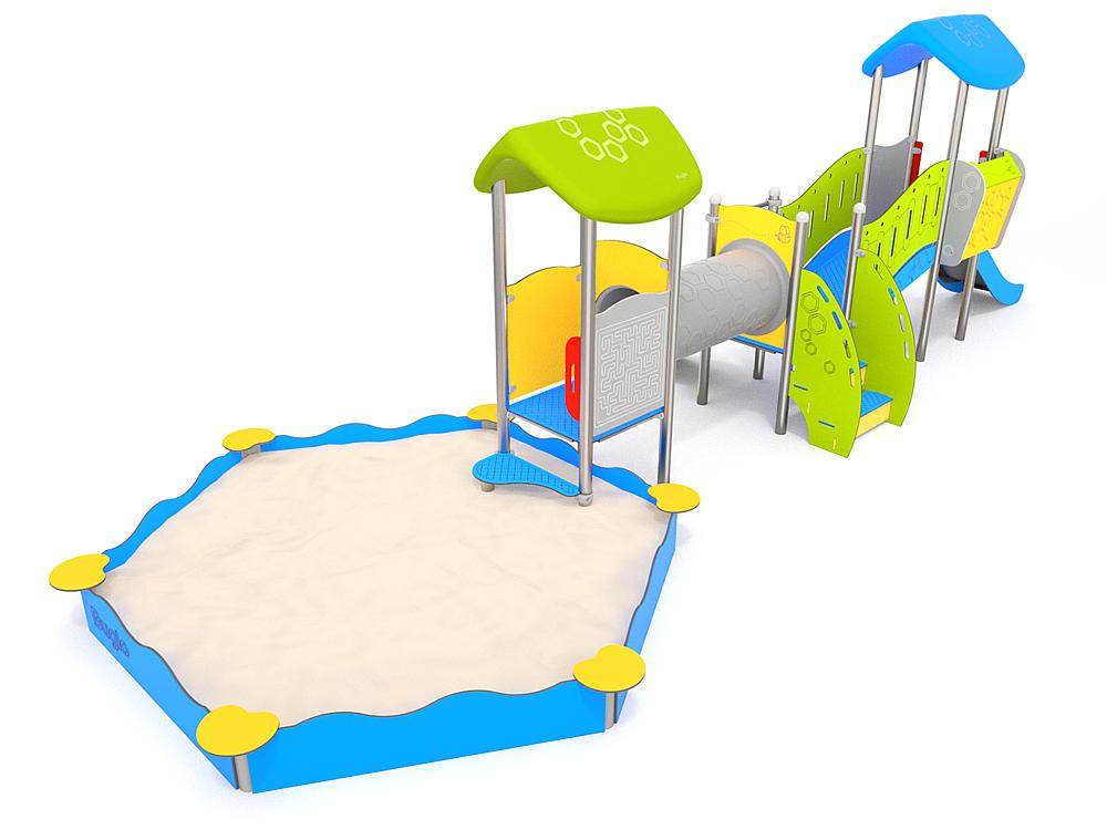 Schwinger für Kleinkinder mit Metallgestell und grünen Verbindungen auf weißem Hintergrund.