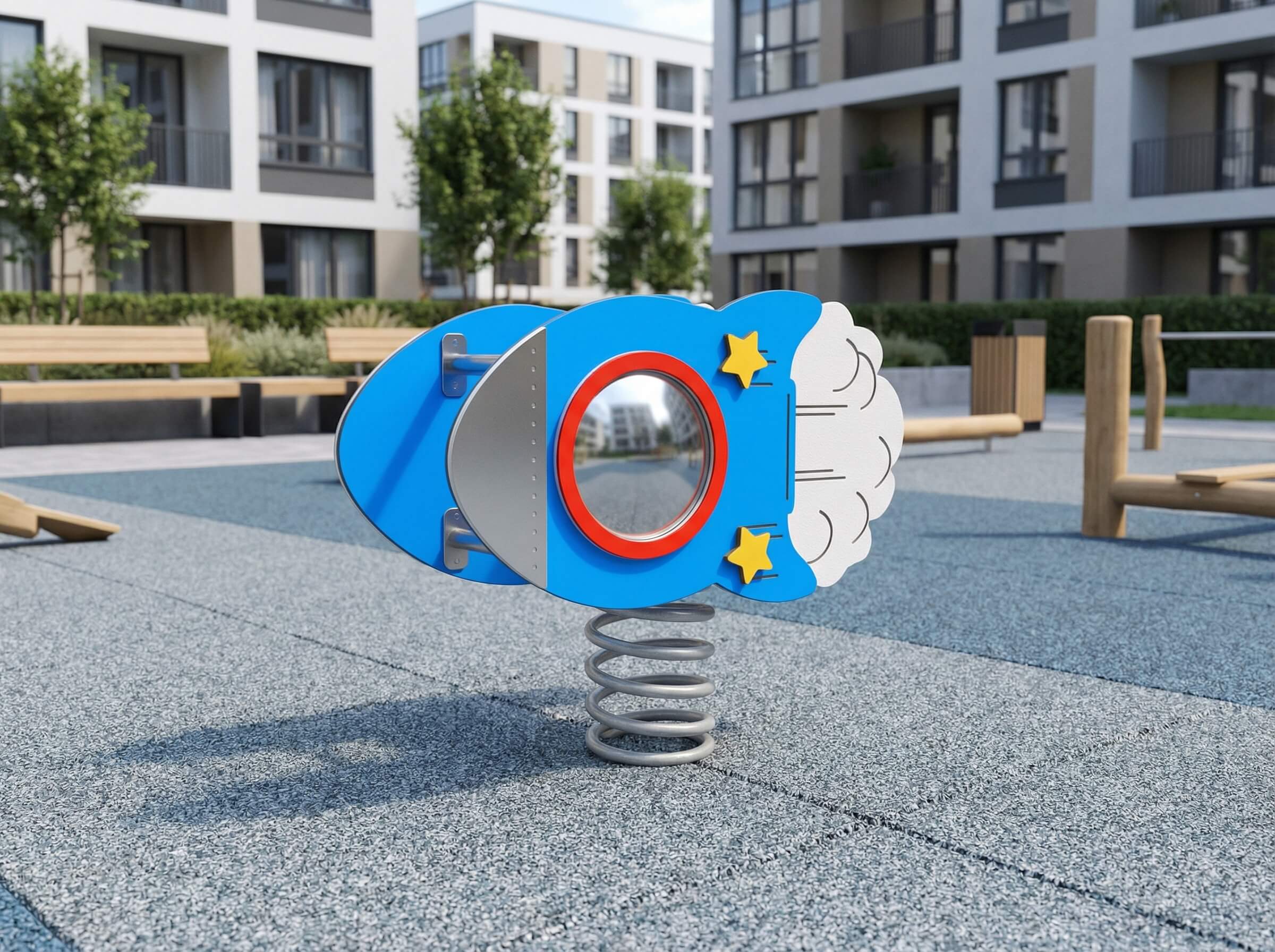 Bunte Raketen-Springtoys auf Spielplatz vor modernen Wohnhäusern im Sonnenlicht.