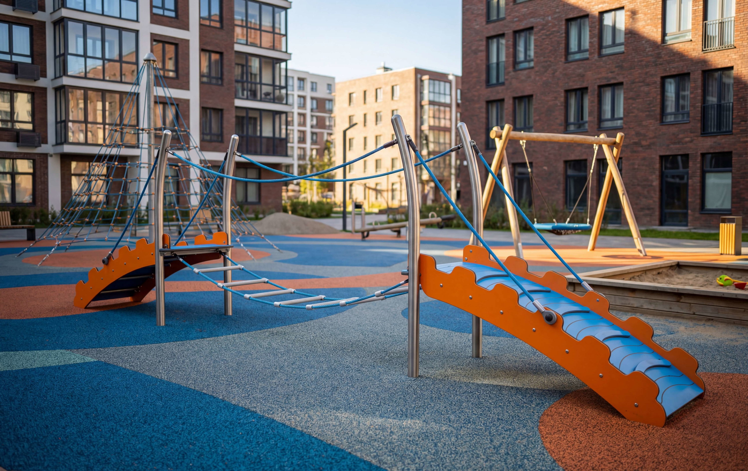 Farbechter Spielplatz mit Rutsche und Klettergerüst vor modernen Wohnhäusern.
