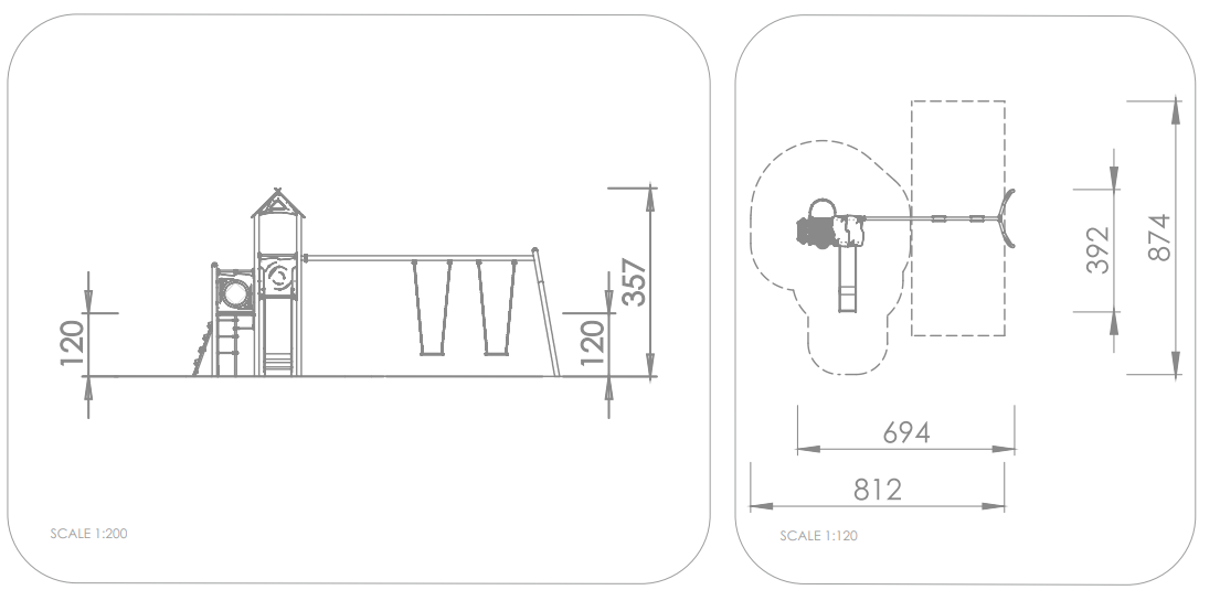 Spielplatz-Plan mit Maßen und Ansicht – Skala 1:75