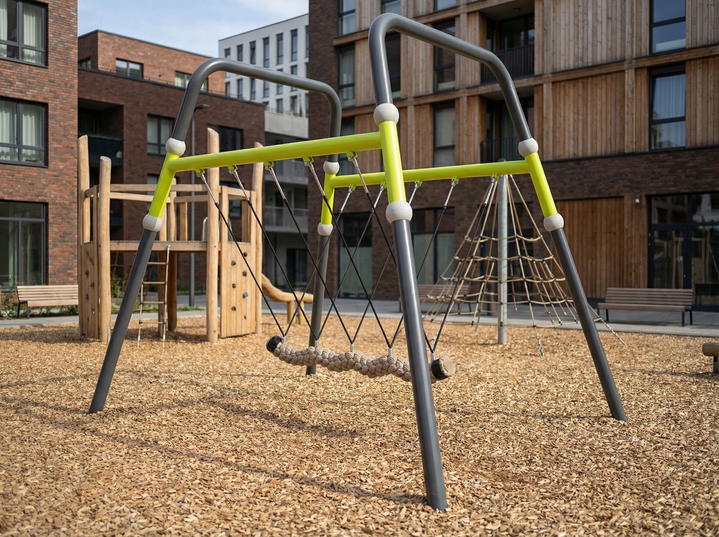 Spielplatz mit Schaukel und Holzspielgeräten vor modernen Wohnhäusern auf Kiesboden.