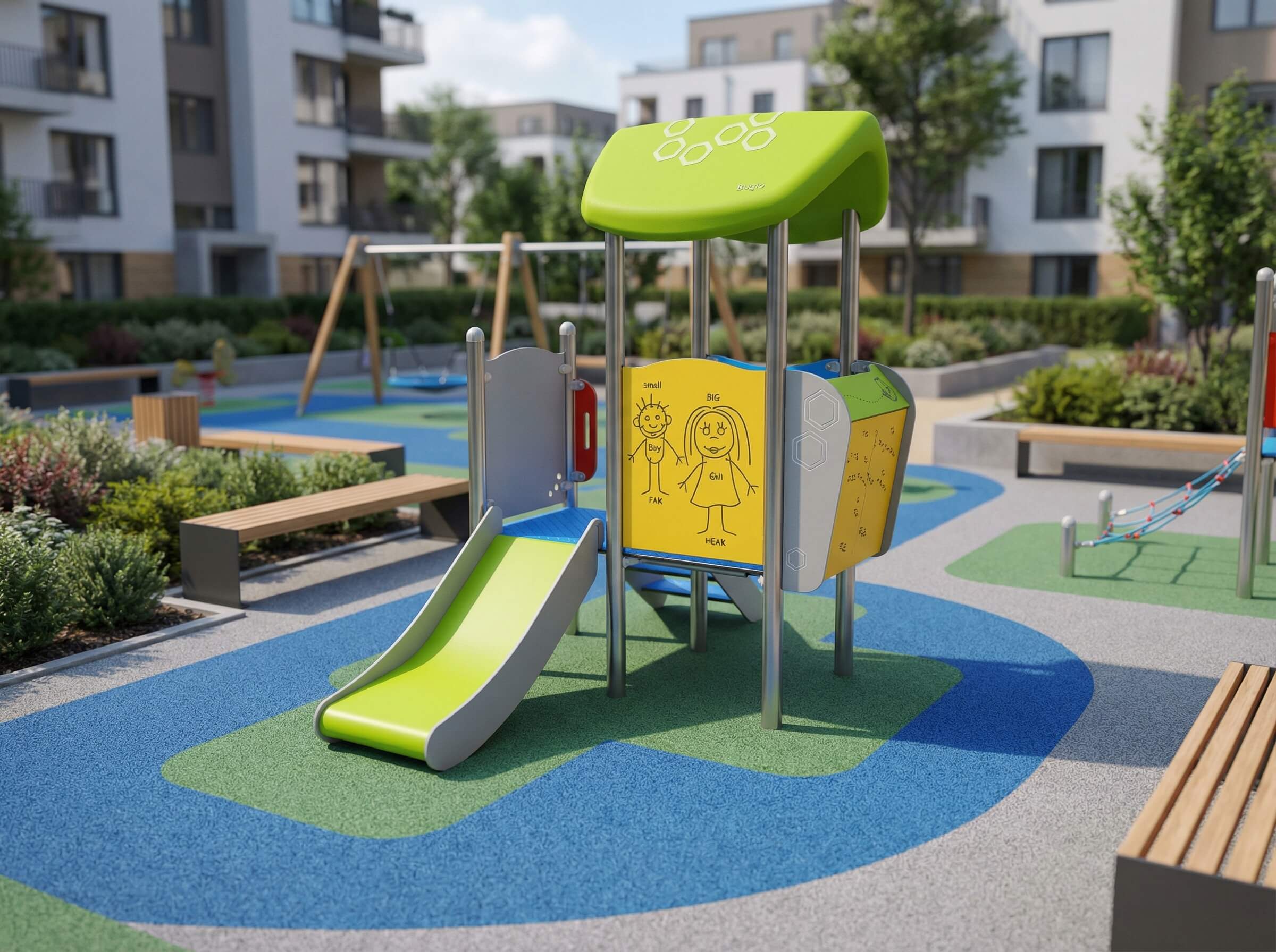 Farbiger Spielplatz mit Rutsche und Klettergerüst im modernen Wohngebiet.