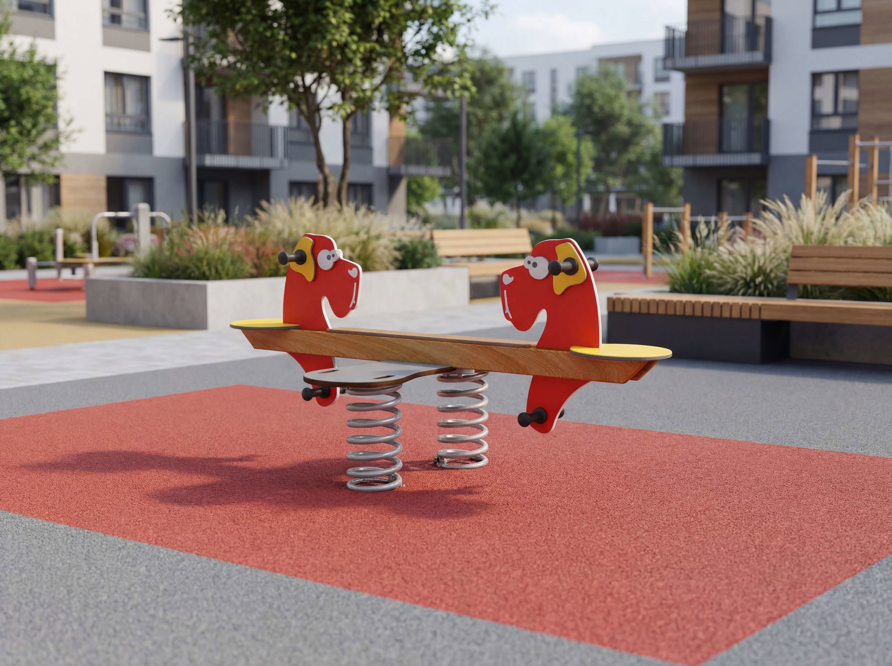 Roter Springseil-Schaukeln mit Pferd-Design im modernen Spielplatz vor Wohnhäusern.