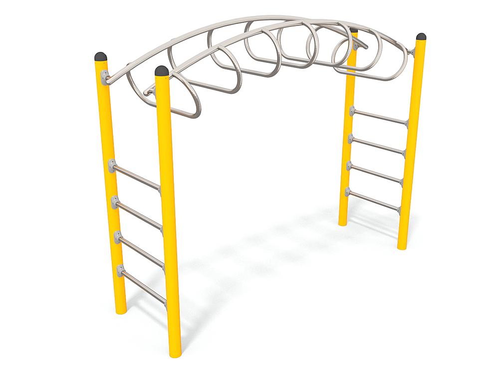 Schwinger für Kleinkinder mit Metallgestell und grünen Verbindungen auf weißem Hintergrund.