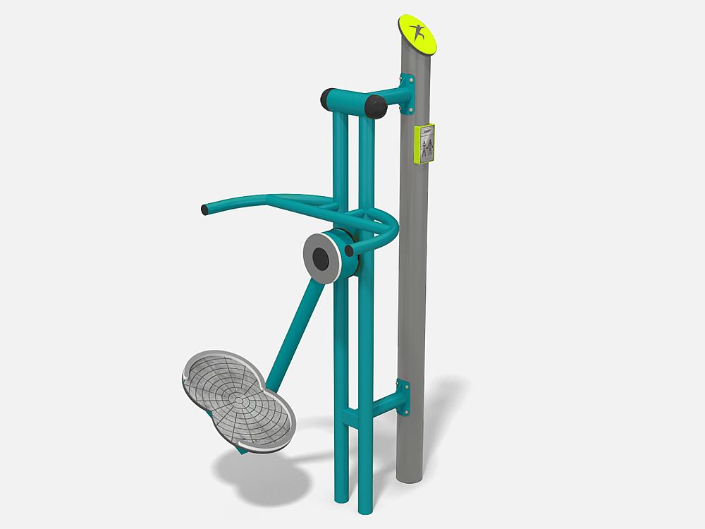 Teal outdoor fitness station with foot pedal and handlebars against plain background.