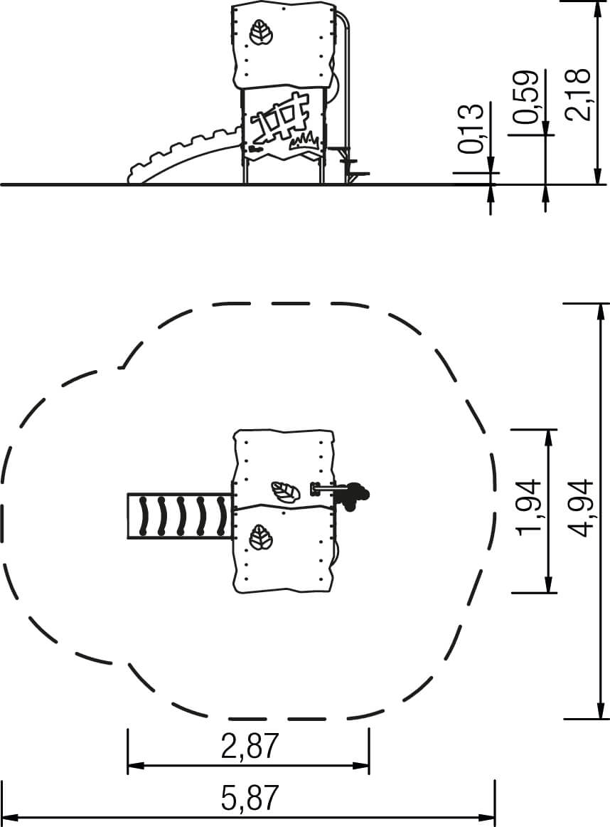 Technische Zeichnung eines Gartenmöbel-Setzes mit Maßen und Symbolen für Blätter.