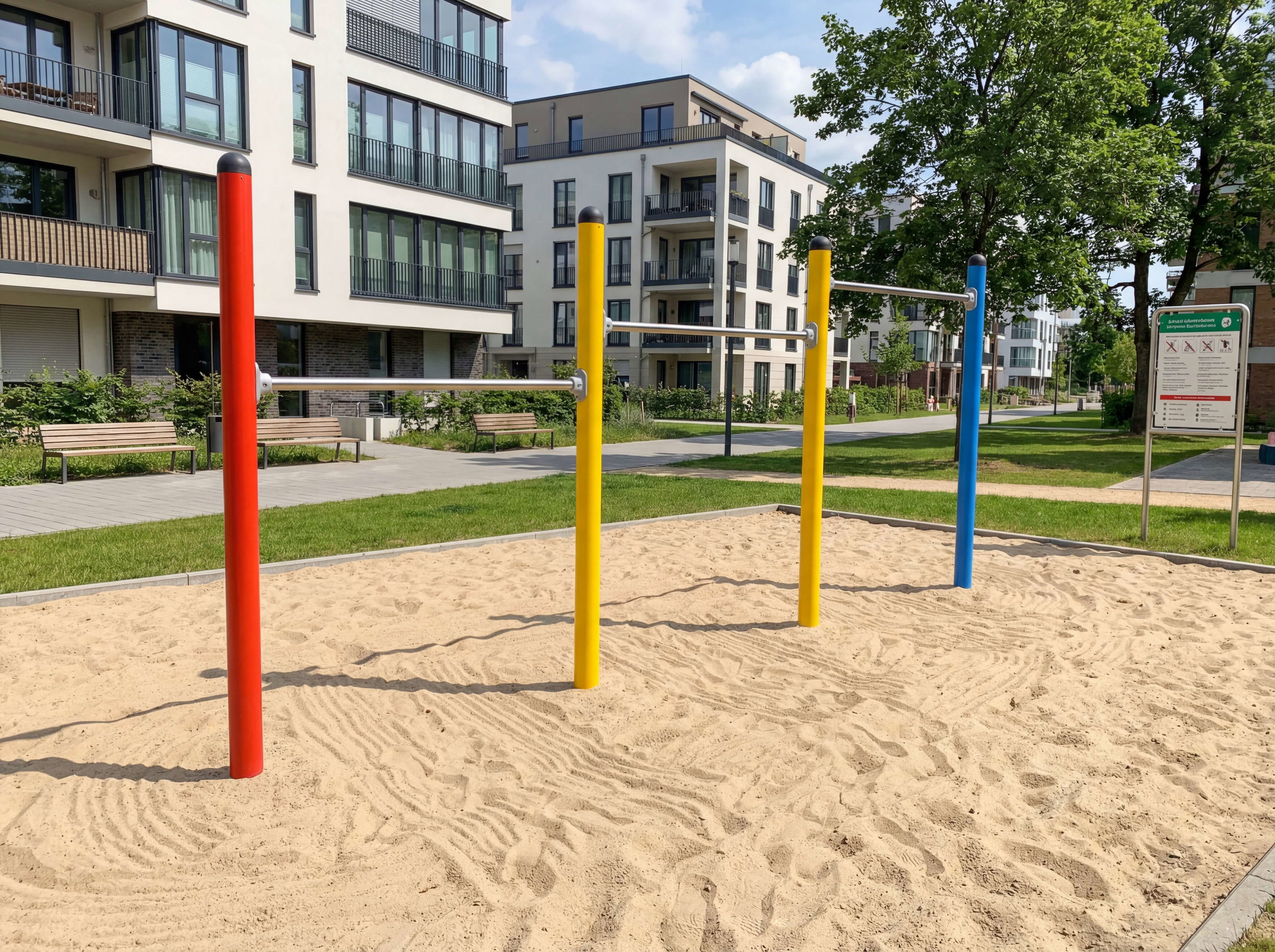 Farbiger Fitnessbereich im Sand mit Balken vor Wohnhäusern und Bäumen.